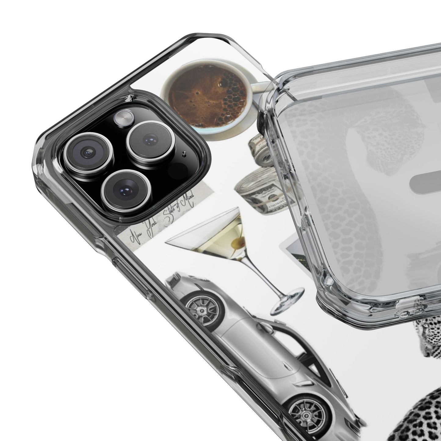 Clear Impact Phone Case — Luxe Collage (Leopard, Martini, Coffee & Vintage Car)