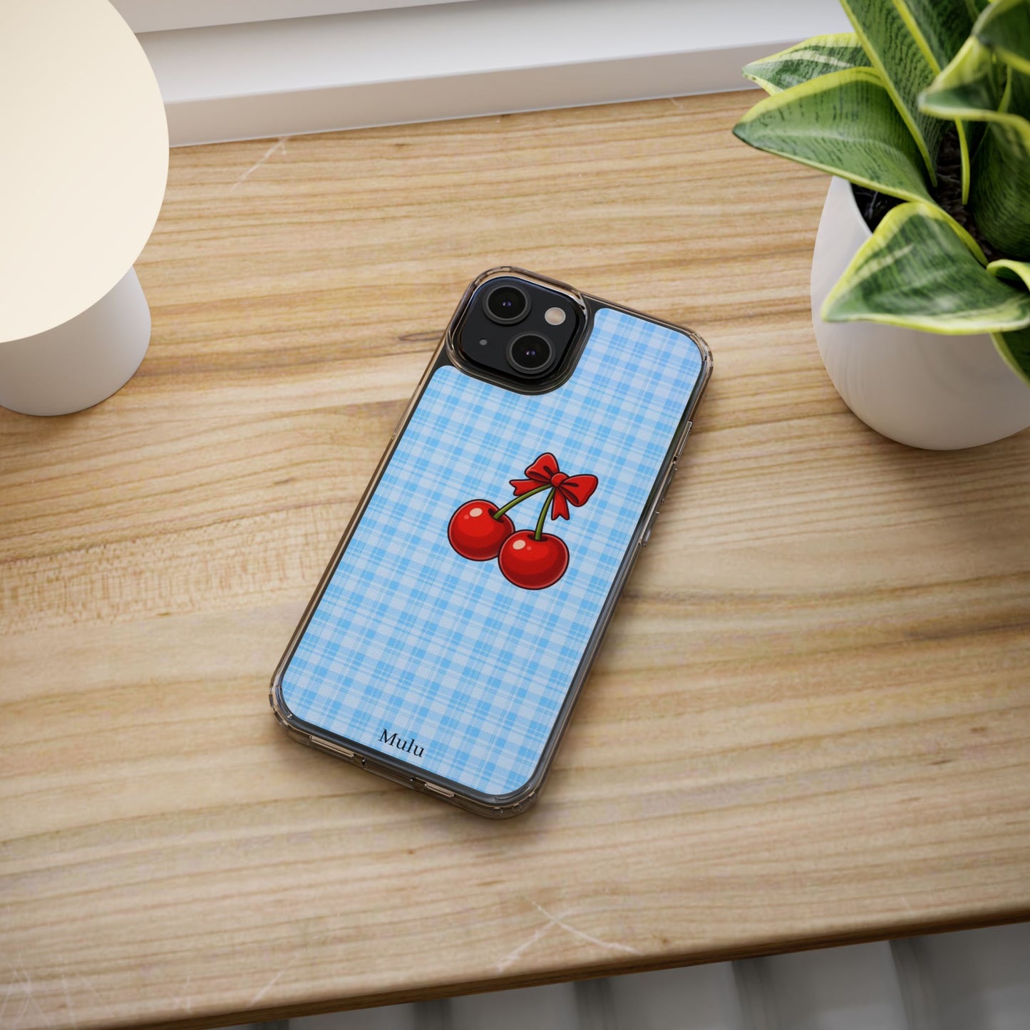 Clear Cherry Gingham Phone Case — Impact-Resistant Clear Case with Red Cherry Design