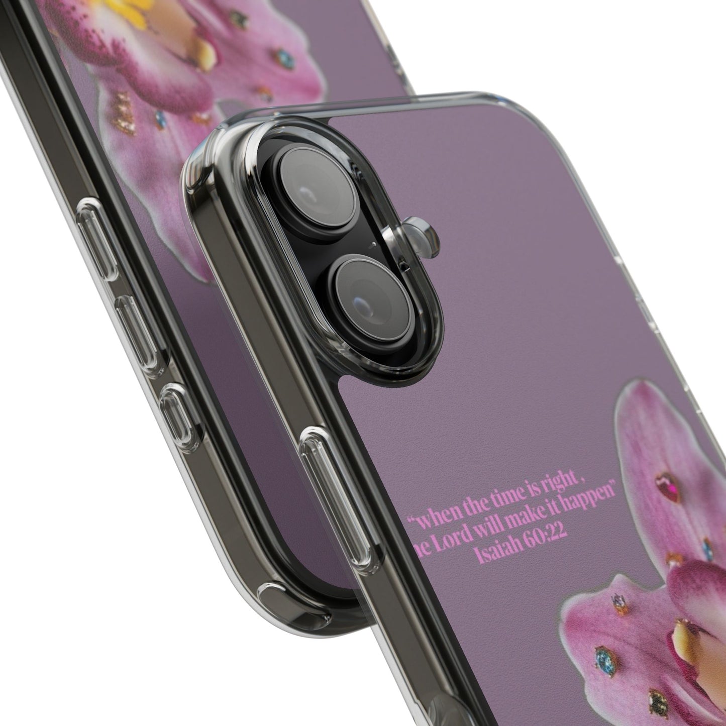 Clear Floral Impact-Resistant Phone Case — "When the time is right" Rose Orchid Design