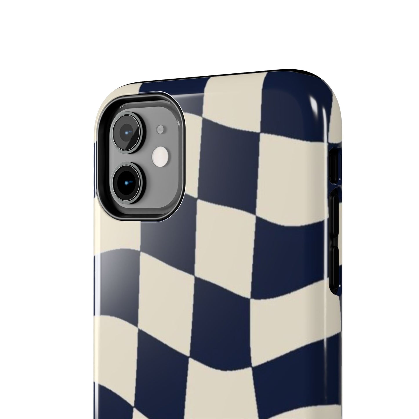 Wavy Checkerboard Tough Phone Case — Navy & Cream Protective Cover