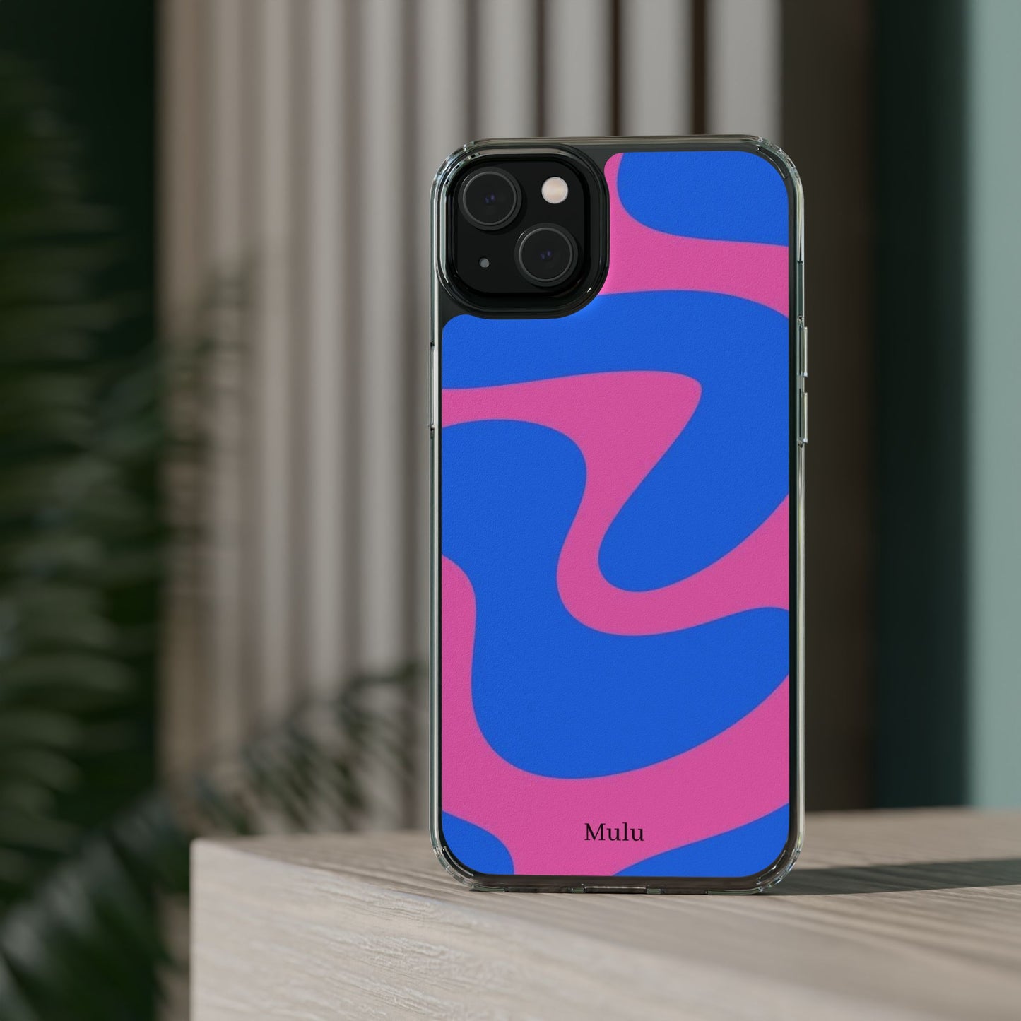 Clear Impact-Resistant Phone Case — Retro Blue & Pink Abstract Swirl