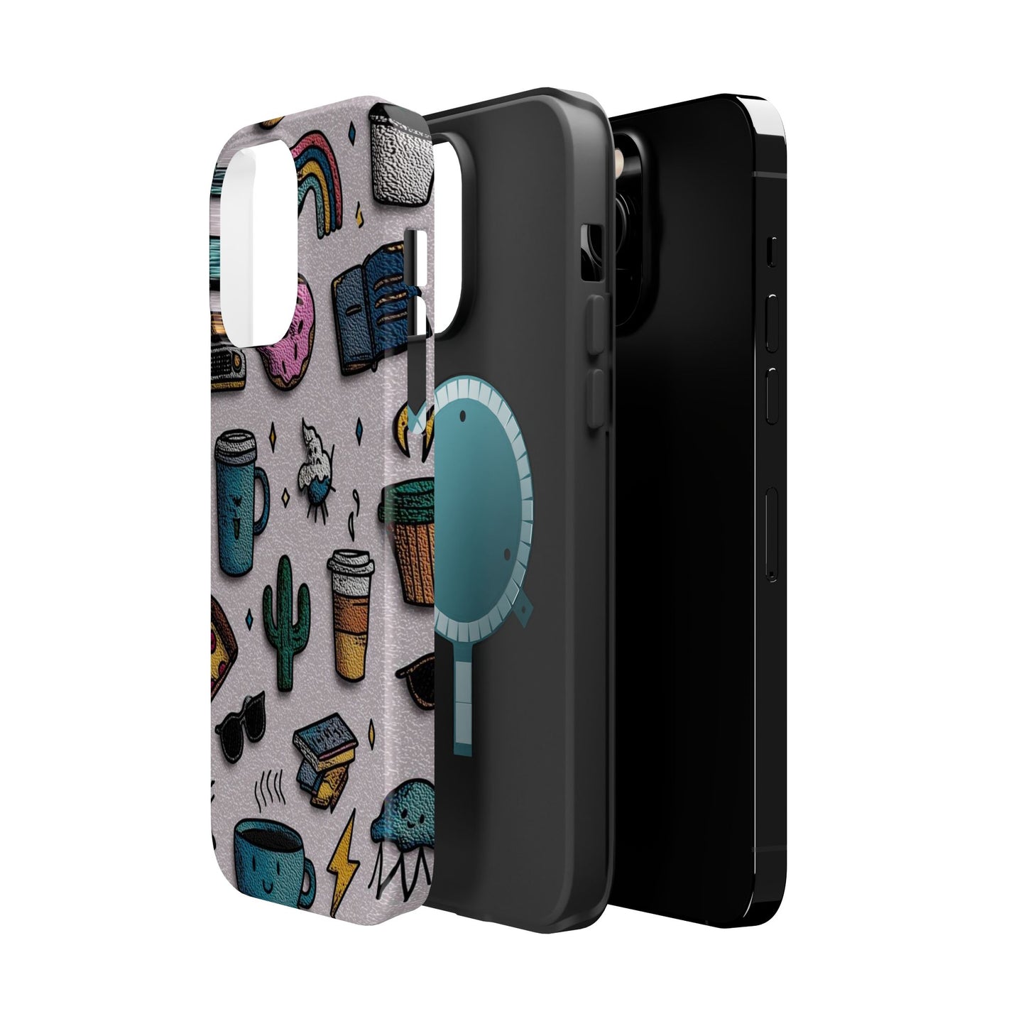 Cute Doodle Phone Case — Magnetic Impact-Resistant Design (coffee, rainbow, cactus)