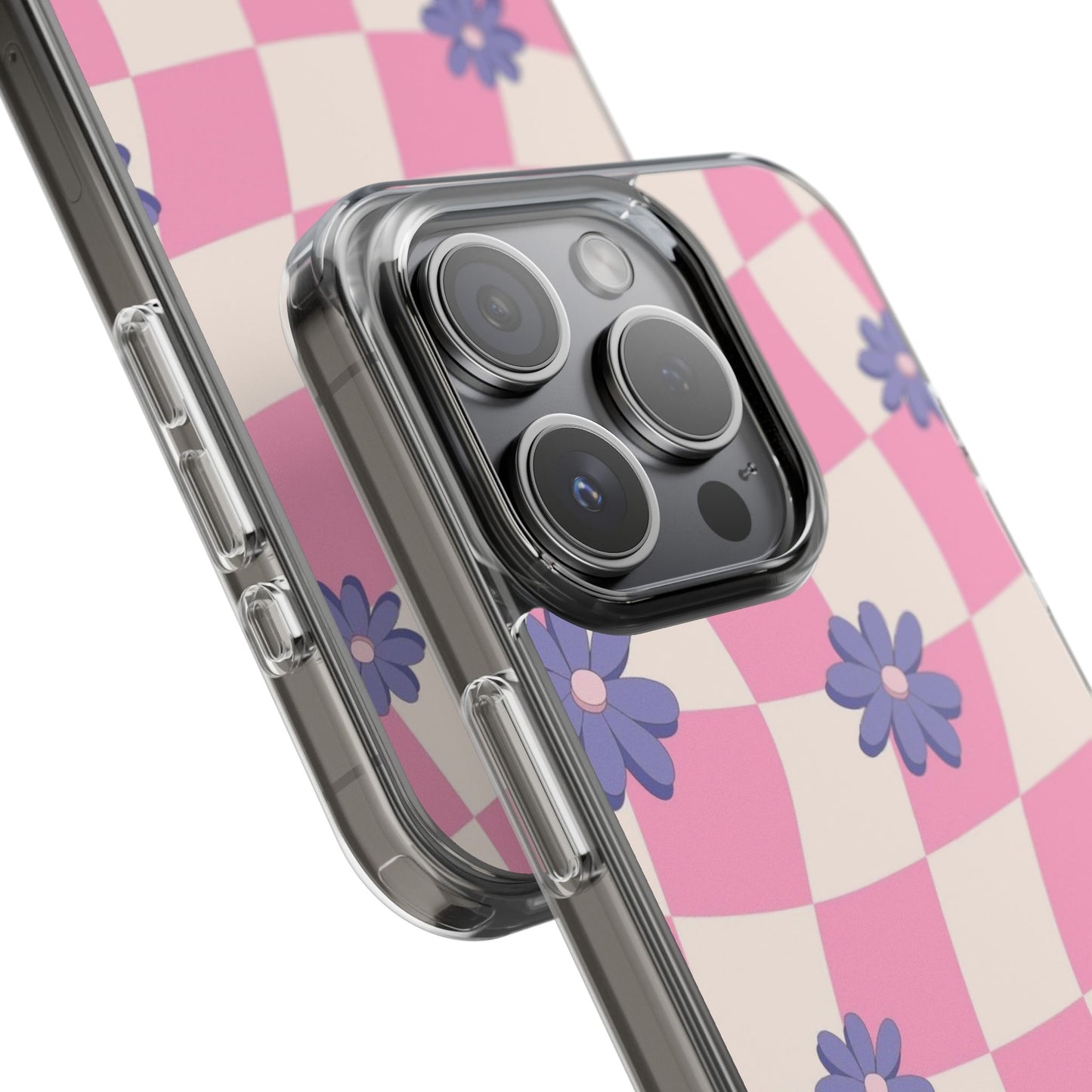 Clear Impact Phone Case — Pink Checkerboard with Purple Flowers