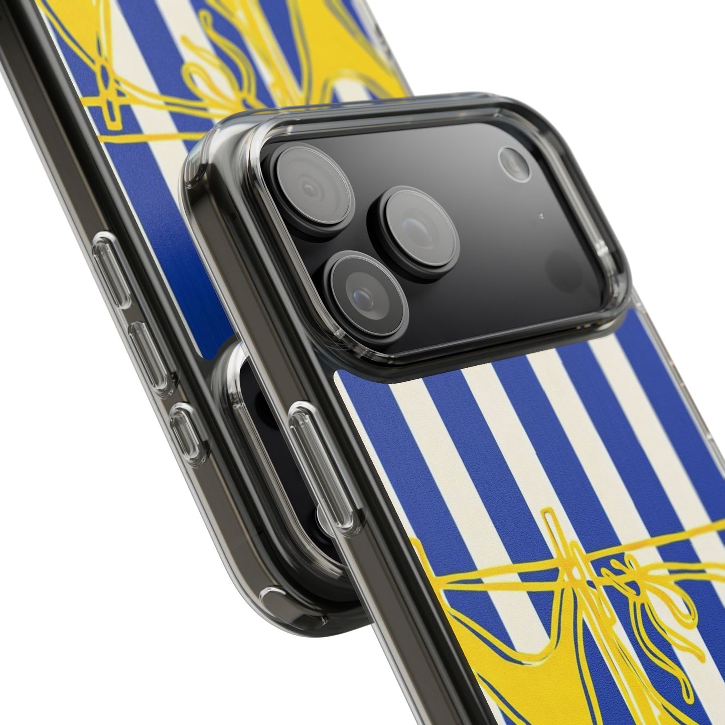 Striped Beach Bikini Phone Case — Yellow Swimwear on Blue & White Stripes, Clear Impact-Resistant