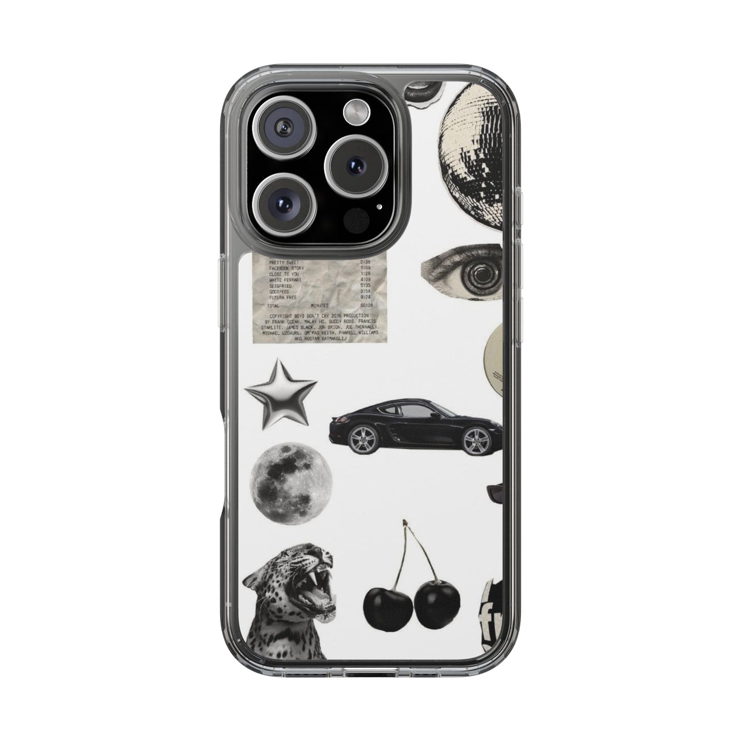 Clear Phone Case — Vintage Collage Stickers (Moon, Eye, Car, Cherries)
