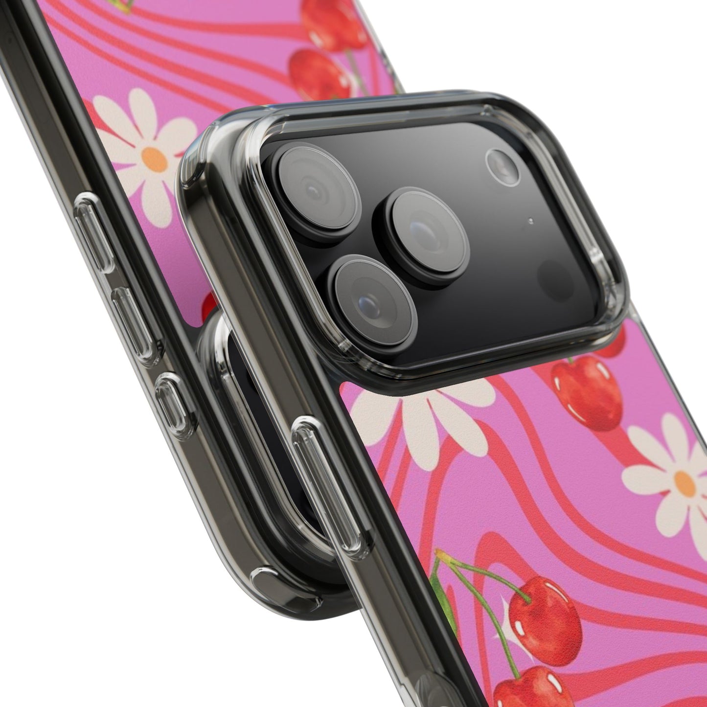 Clear Impact Phone Case — Retro Cherry & Daisy Floral Design
