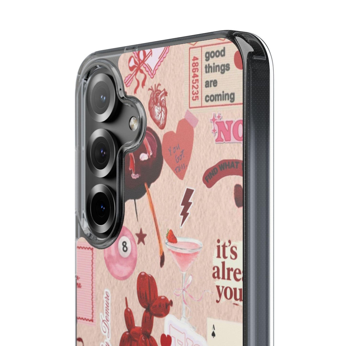 Clear Impact-Resistant Phone Case — Retro Cherry & Sticker Collage