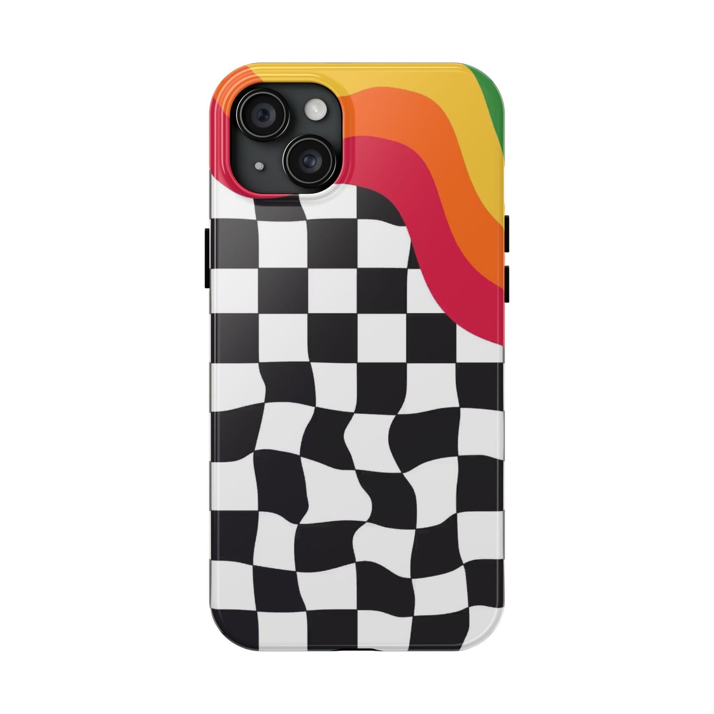 Retro Wavy Checkerboard Tough Phone Case — Rainbow Surf Skate Design