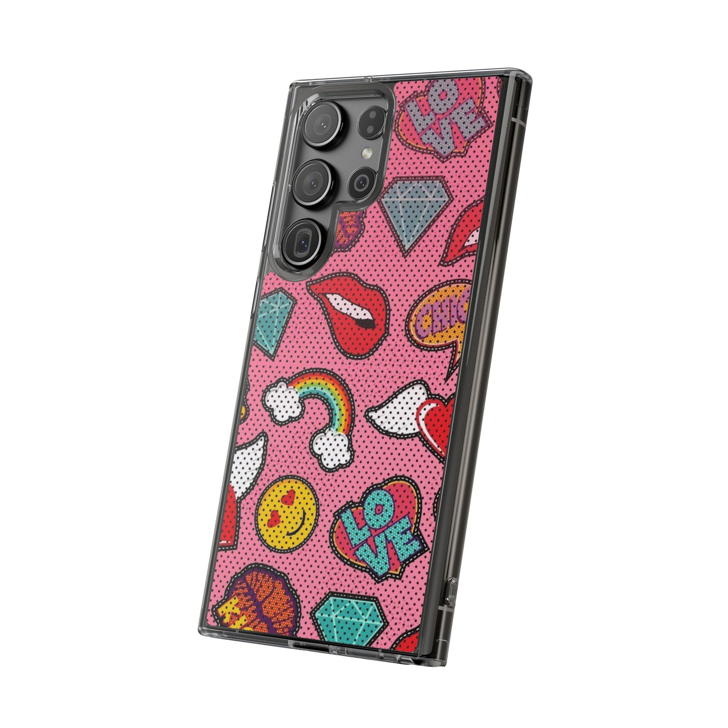 Clear Impact-Resistant Phone Case — Pink Pop Sticker Pattern (Hearts, Rainbows, Smileys)