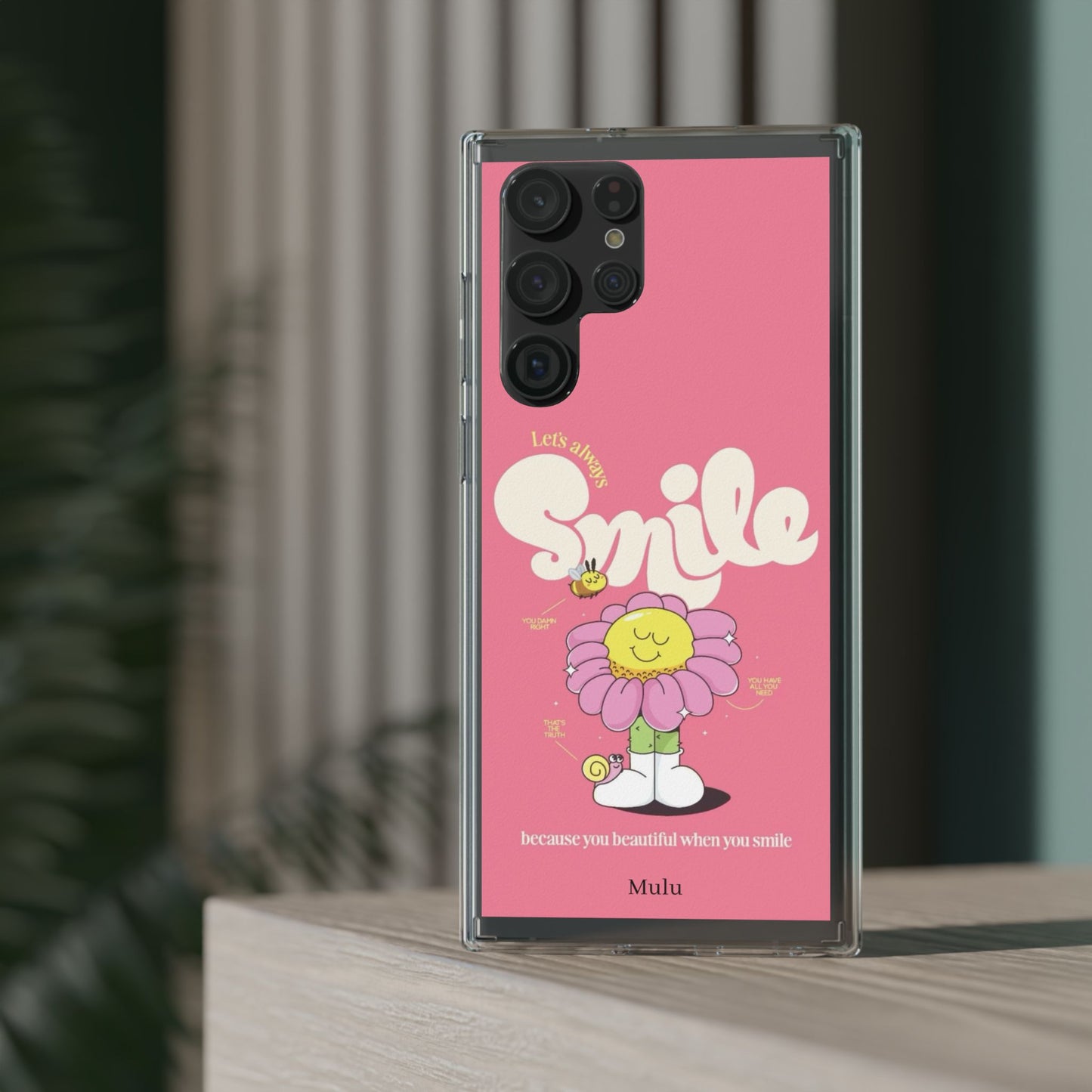 Clear Impact-Resistant Phone Case — Pink 'Smile' Flower Design