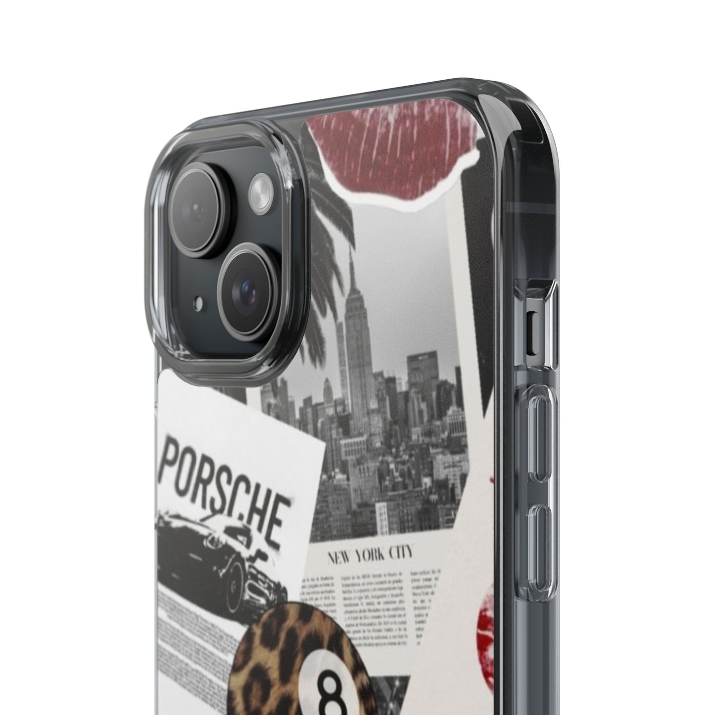 Clear Impact-Resistant Phone Case — Collage Luxury Leopard & Vintage Car Design