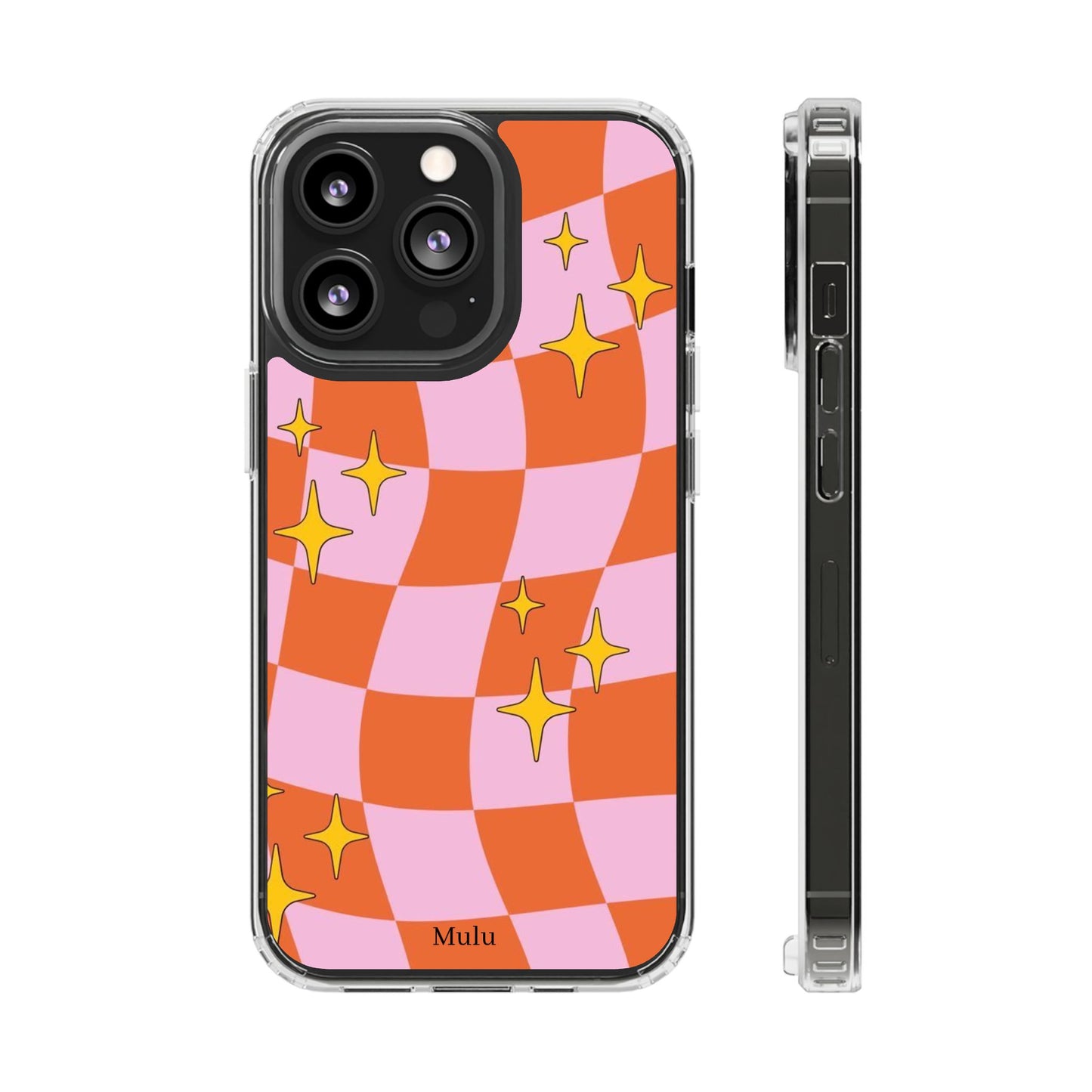 Clear Impact-Resistant Case — Retro Pink & Orange Checker with Sparkle Stars