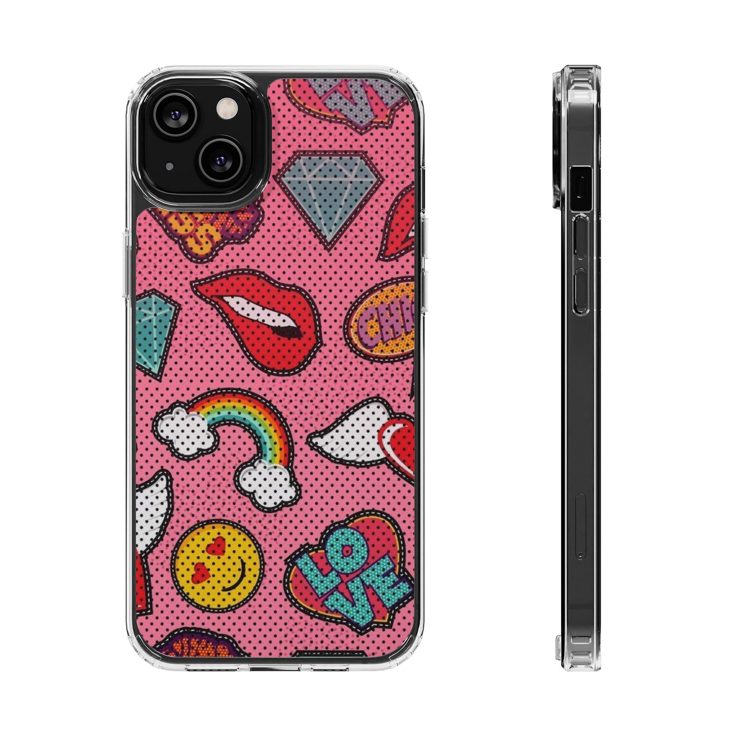 Clear Impact-Resistant Phone Case — Pink Pop Sticker Pattern (Hearts, Rainbows, Smileys)