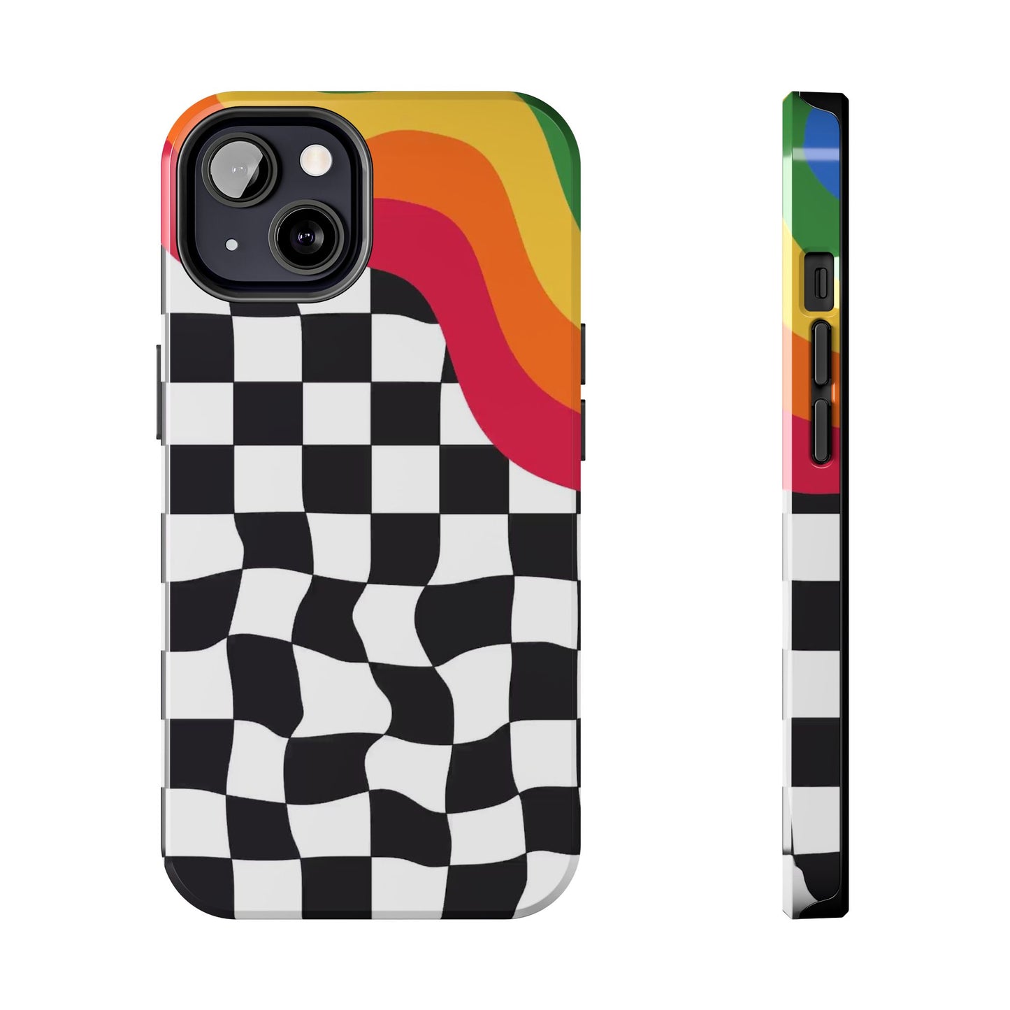 Retro Wavy Checkerboard Tough Phone Case — Rainbow Surf Skate Design