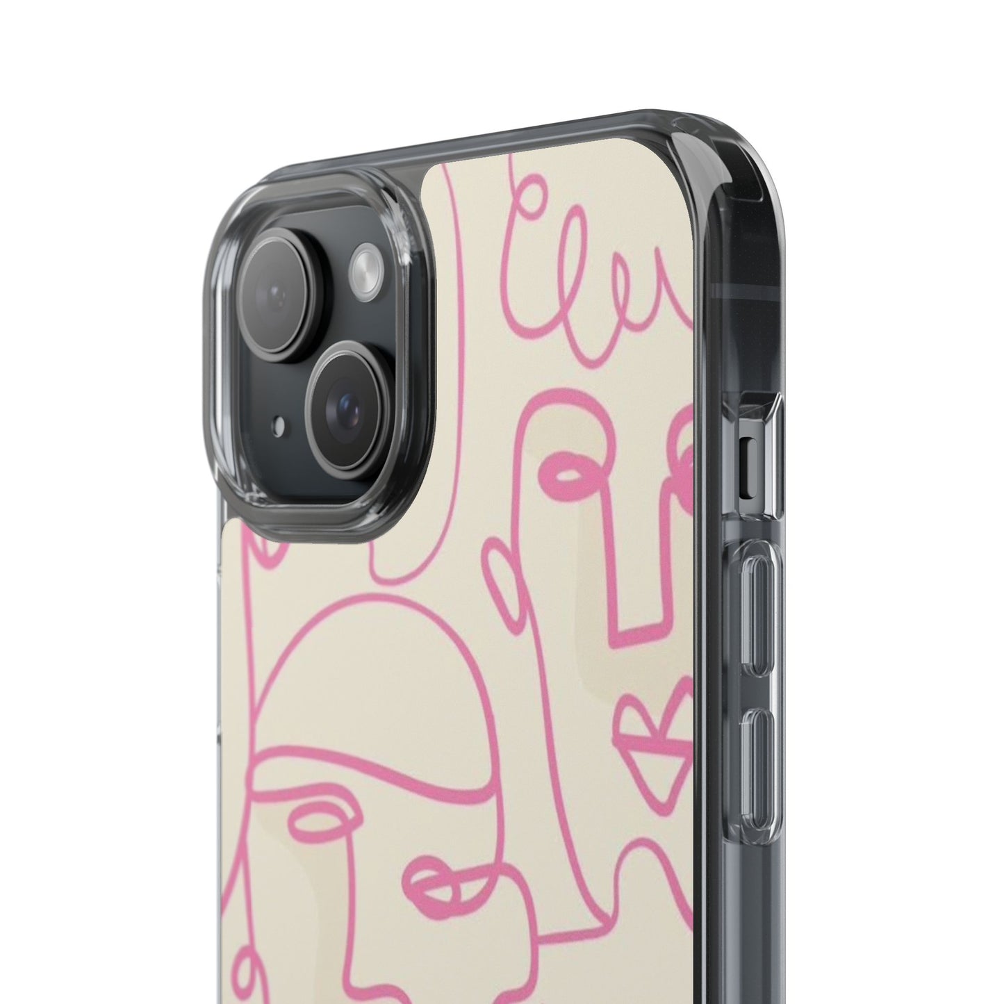 Clear Impact-Resistant Phone Case — Pink Minimalist Line Faces Design