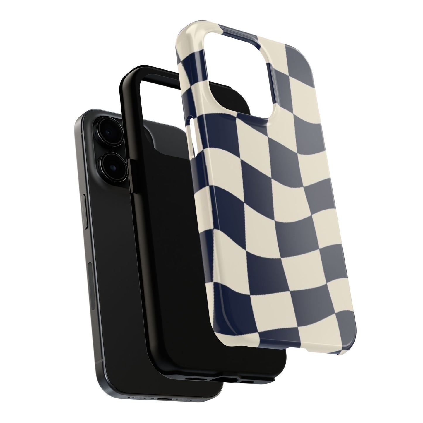 Wavy Checkerboard Tough Phone Case — Navy & Cream Protective Cover