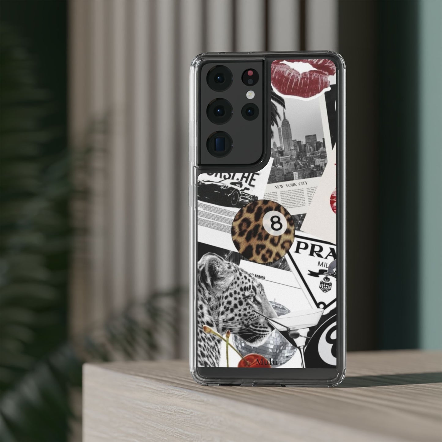 Clear Impact-Resistant Phone Case — Collage Luxury Leopard & Vintage Car Design