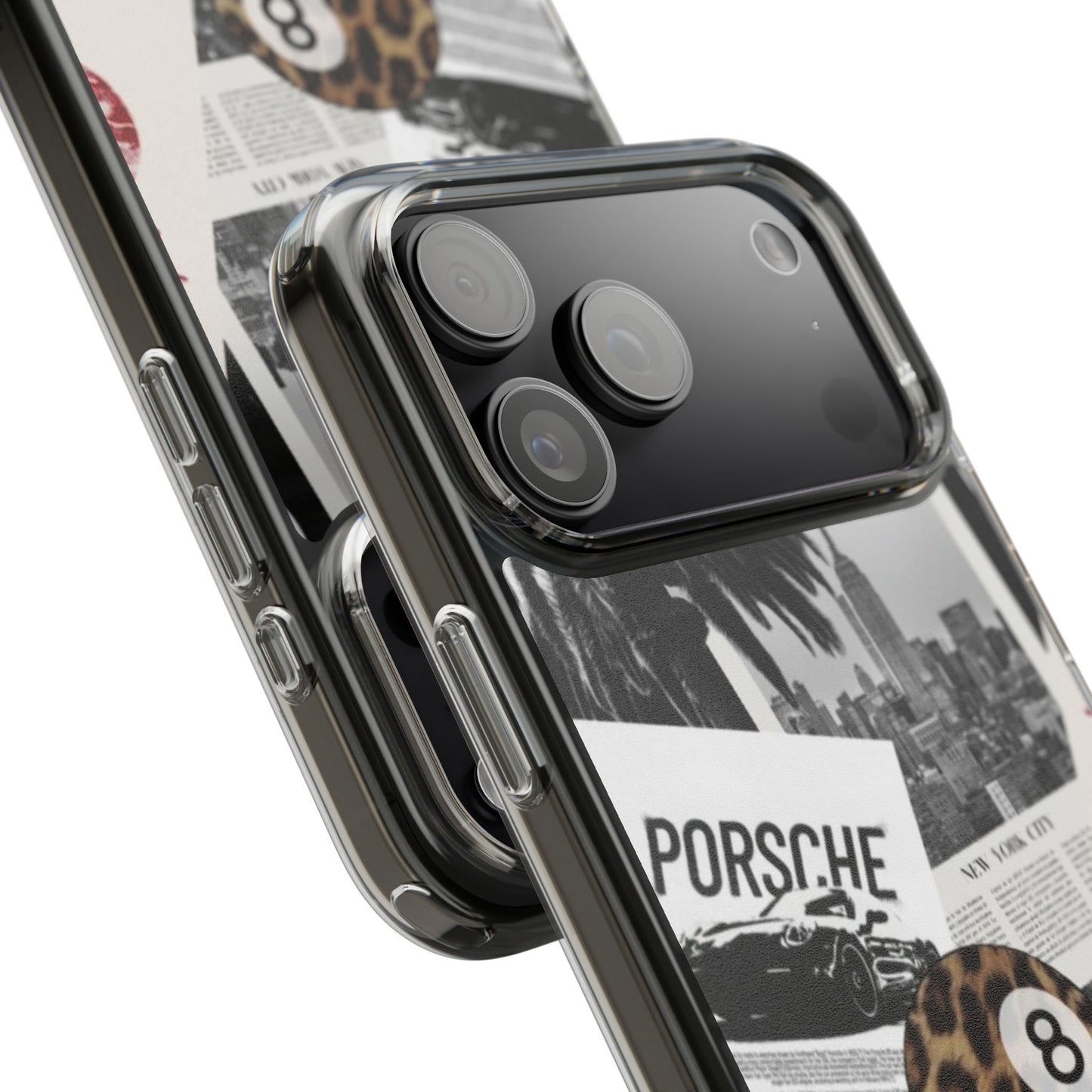Clear Impact-Resistant Phone Case — Collage Luxury Leopard & Vintage Car Design