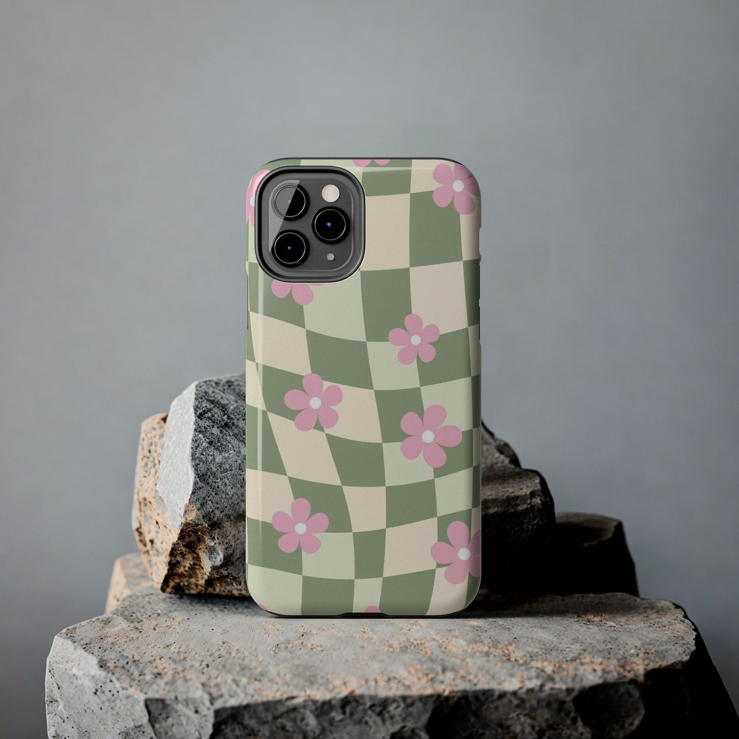 Tough Phone Case — Retro Green Checkerboard with Pink Flowers
