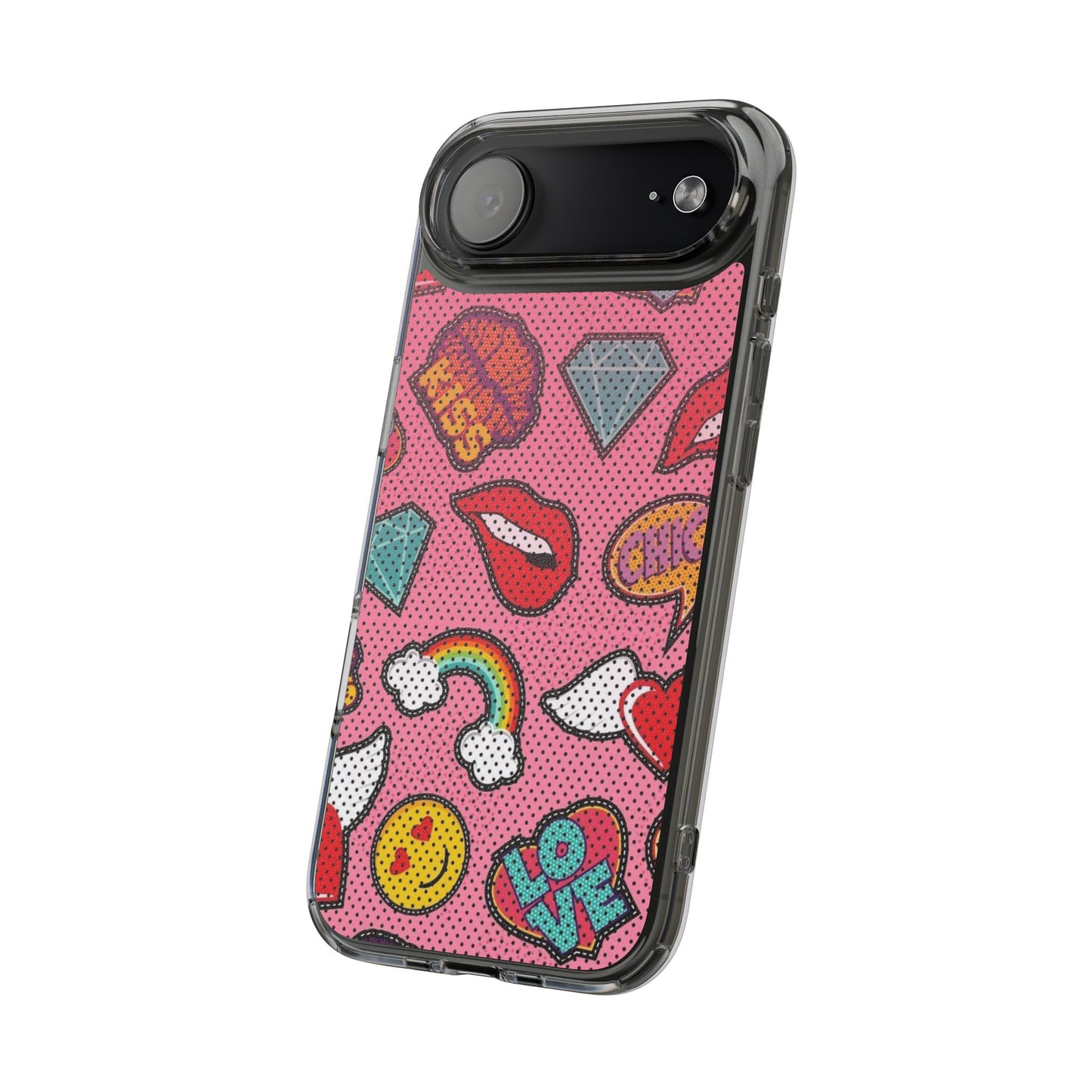 Clear Impact-Resistant Phone Case — Pink Pop Sticker Pattern (Hearts, Rainbows, Smileys)