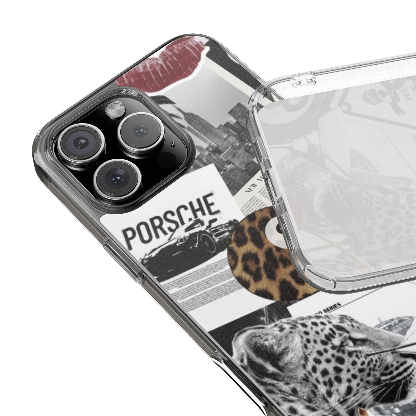 Clear Impact-Resistant Phone Case — Collage Luxury Leopard & Vintage Car Design