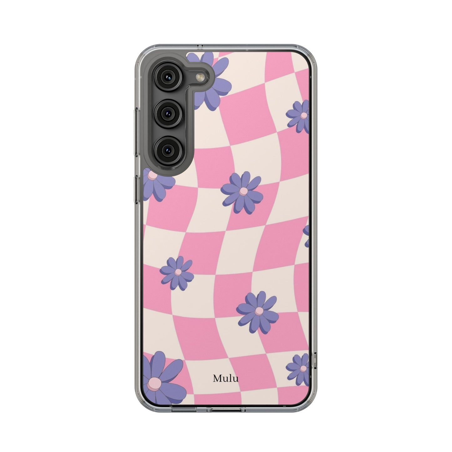 Clear Impact Phone Case — Pink Checkerboard with Purple Flowers
