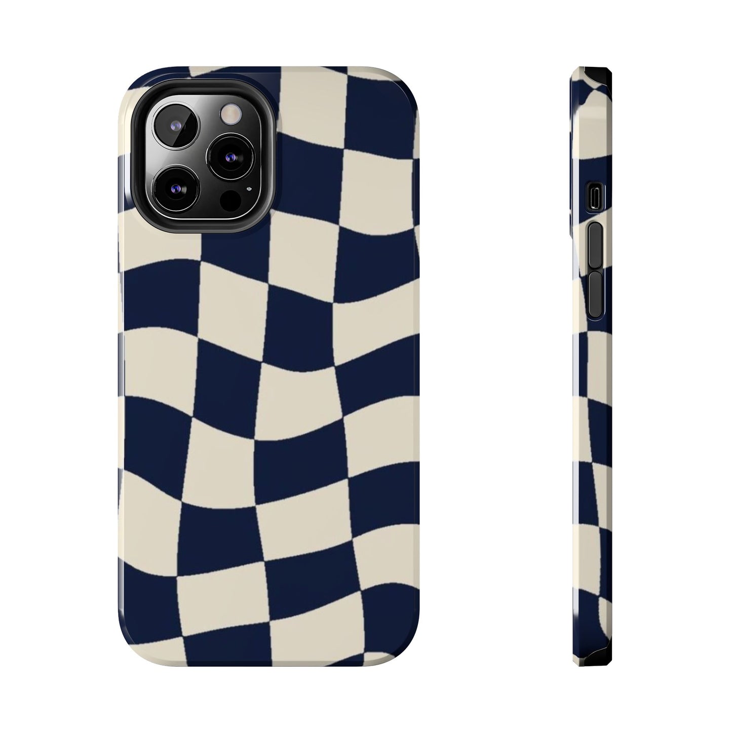 Wavy Checkerboard Tough Phone Case — Navy & Cream Protective Cover