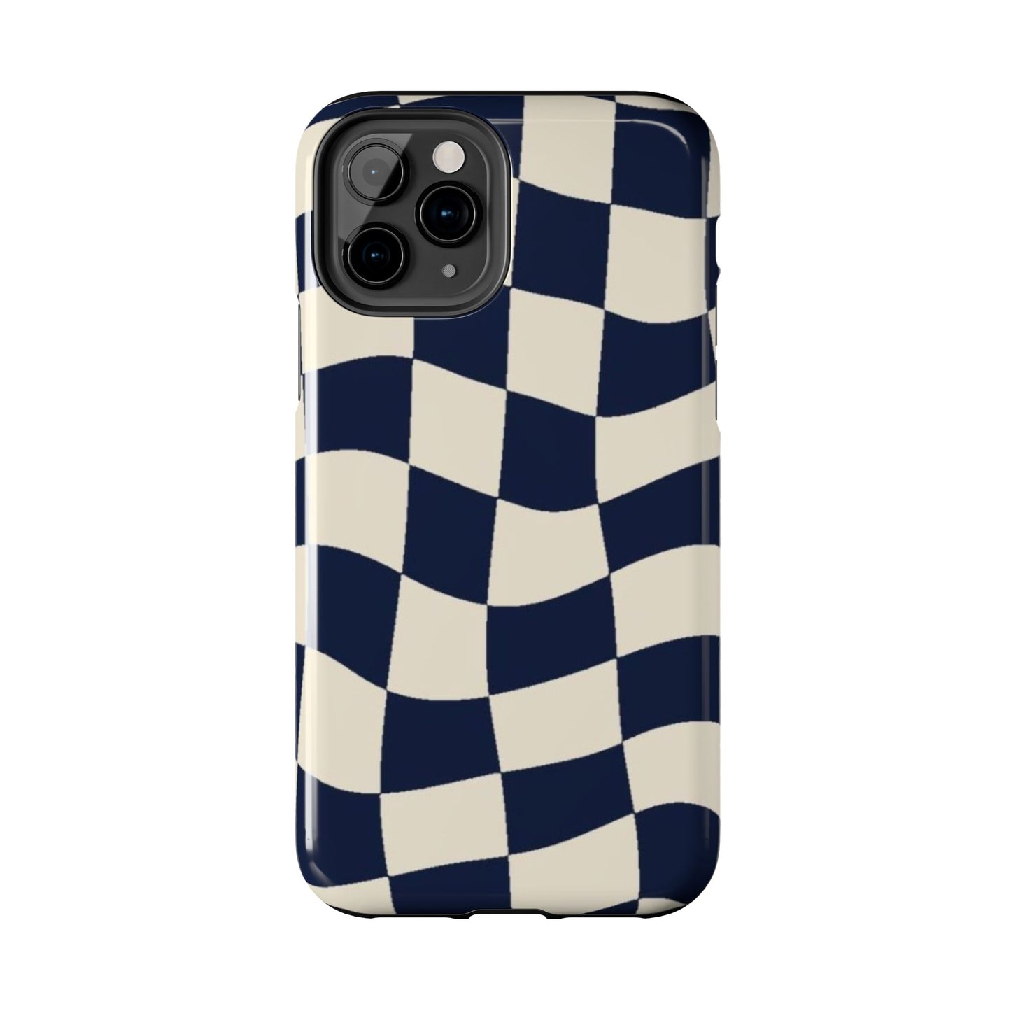 Wavy Checkerboard Tough Phone Case — Navy & Cream Protective Cover