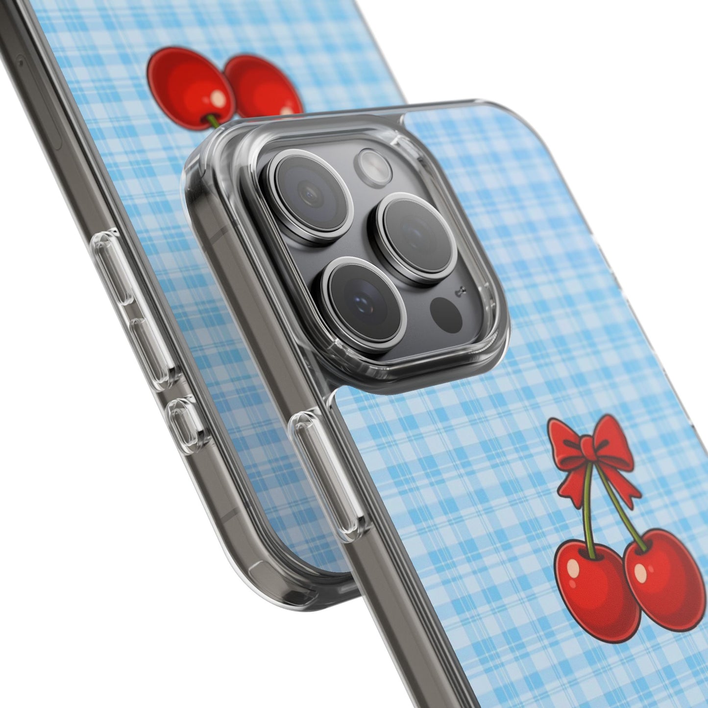Clear Cherry Gingham Phone Case — Impact-Resistant Clear Case with Red Cherry Design