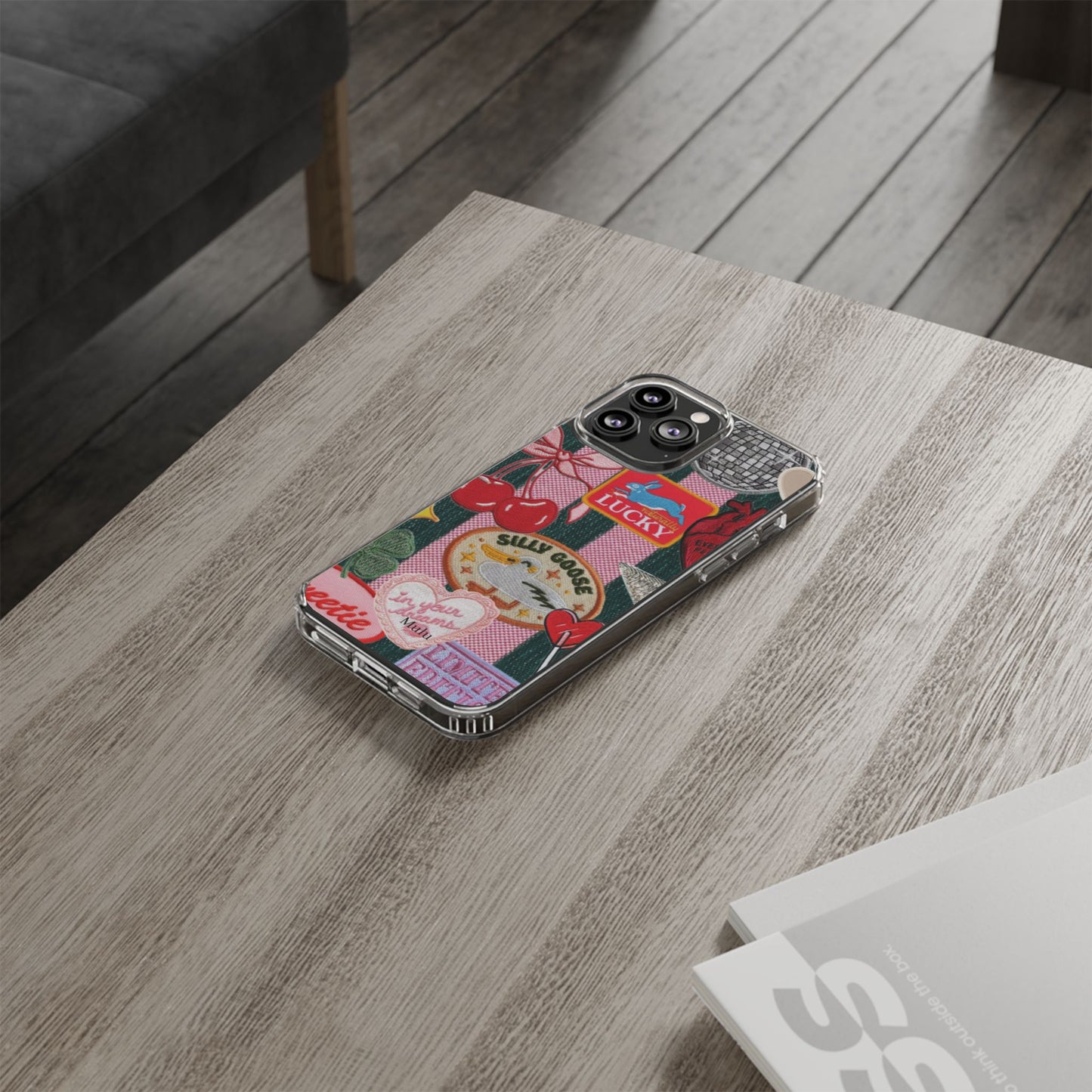 Clear Impact-Resistant Phone Case — Retro Patchwork Stickers (Lucky, Cherries, Silly Goose)