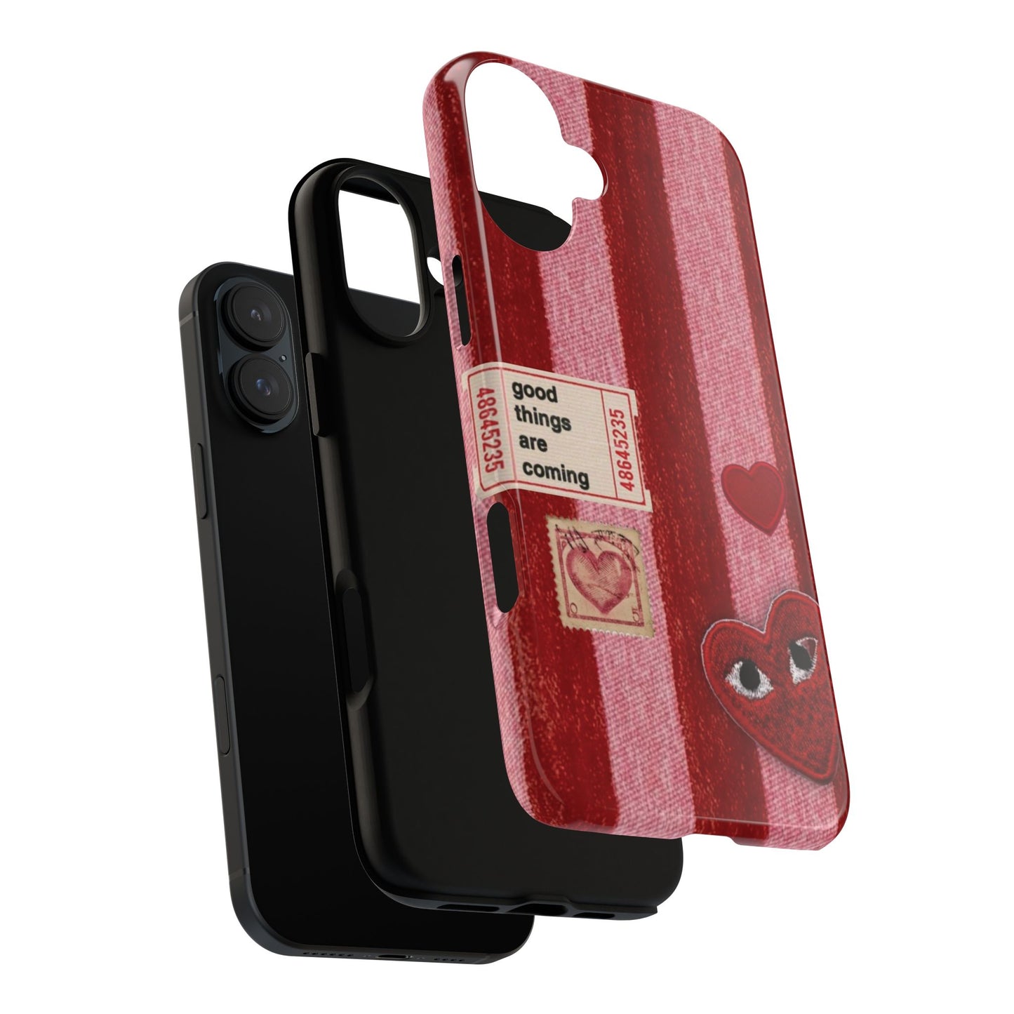 Phone Case — Red Striped Heart Design with “Good Things Are Coming”
