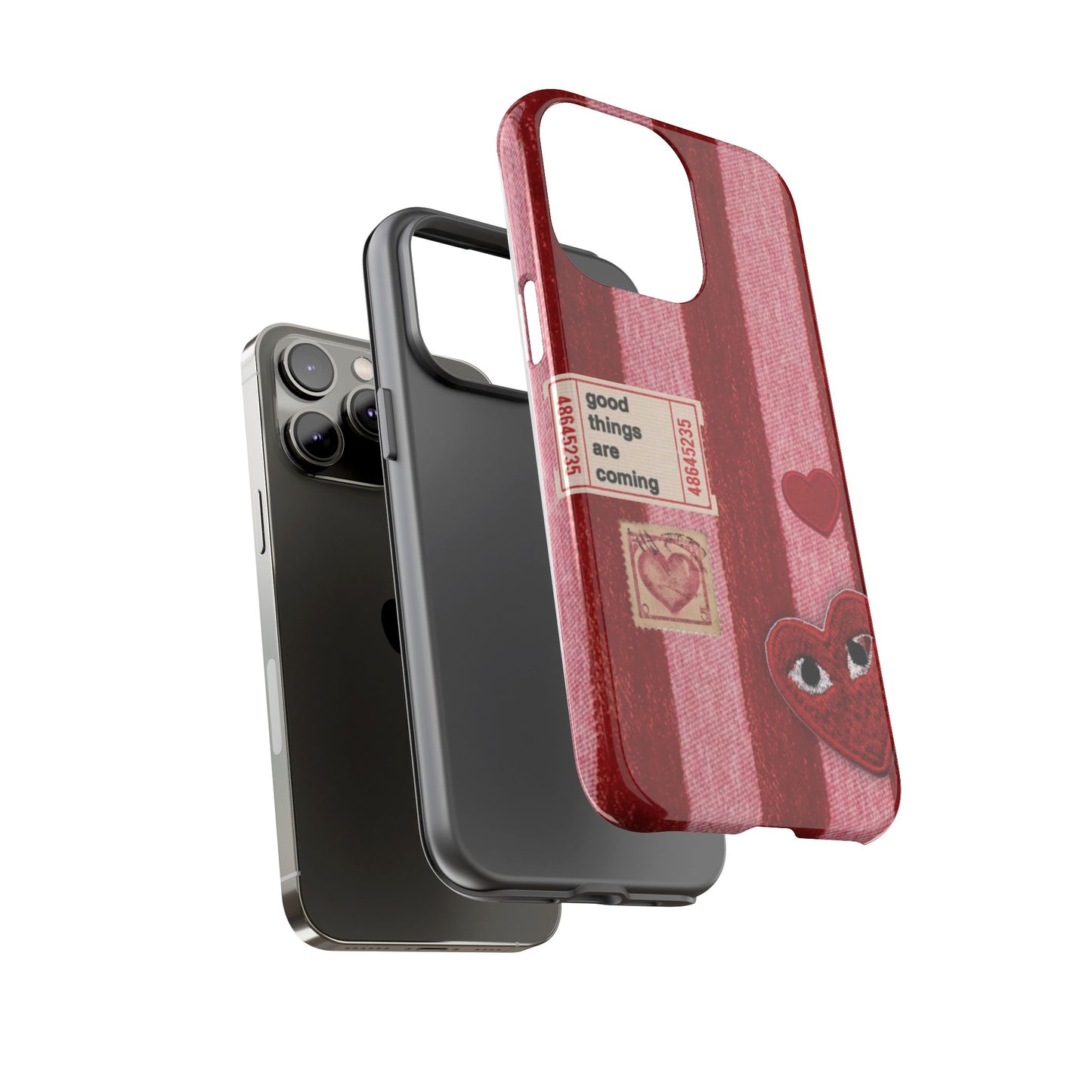 Phone Case — Red Striped Heart Design with “Good Things Are Coming”