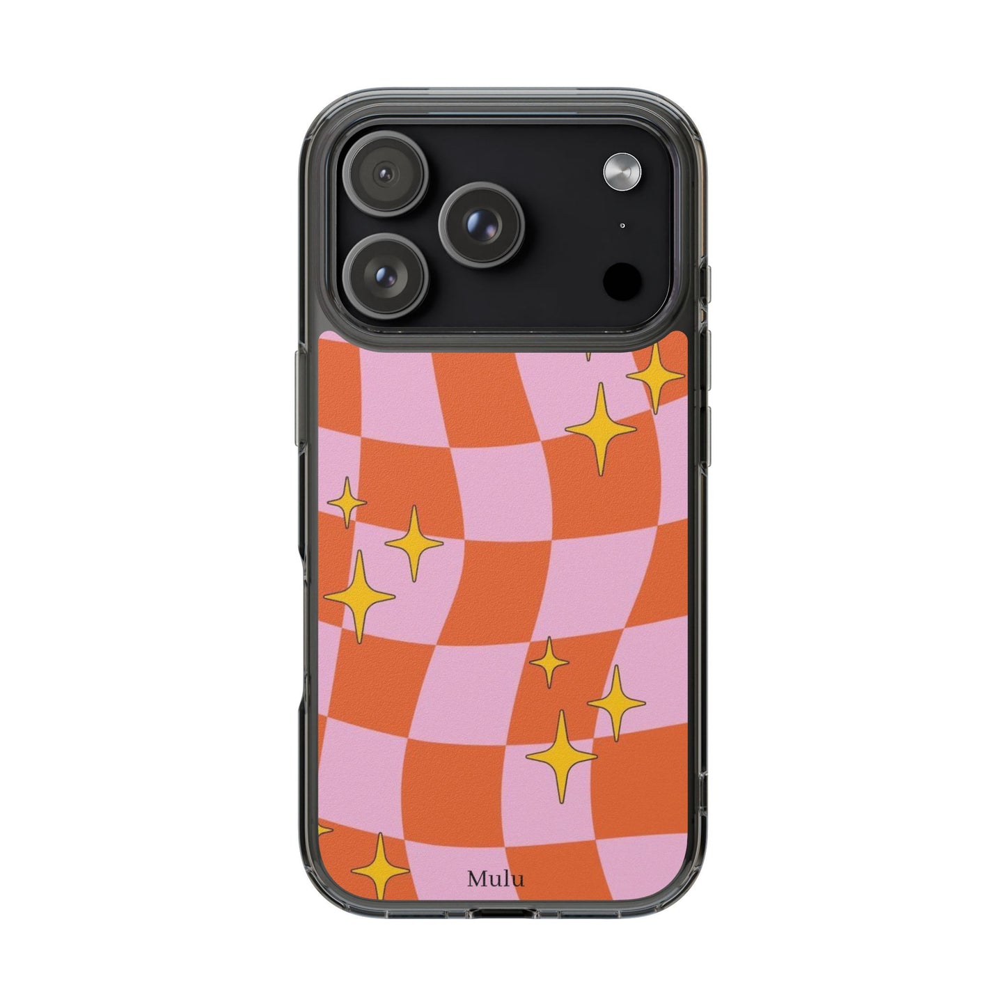 Clear Impact-Resistant Case — Retro Pink & Orange Checker with Sparkle Stars