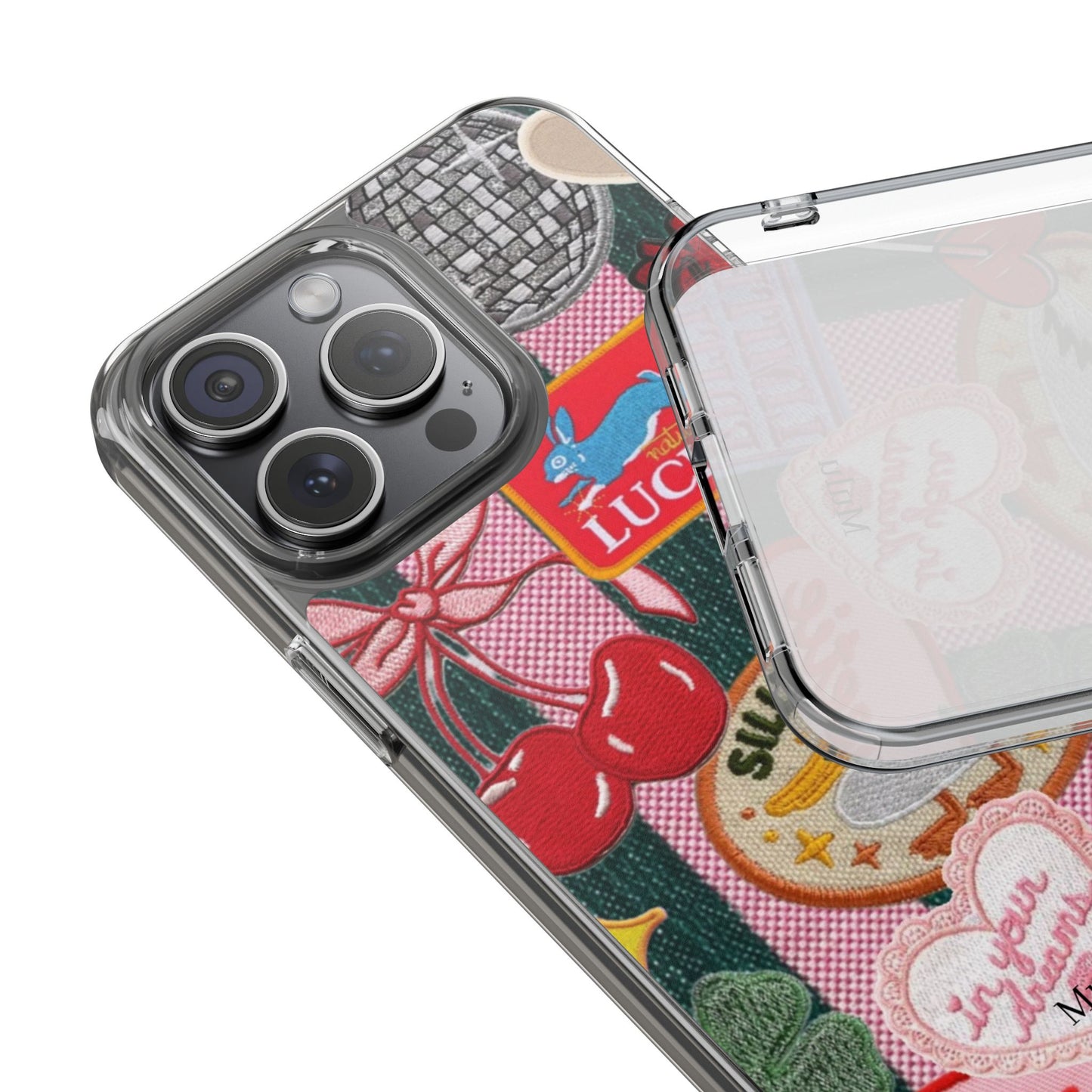 Clear Impact-Resistant Phone Case — Retro Patchwork Stickers (Lucky, Cherries, Silly Goose)