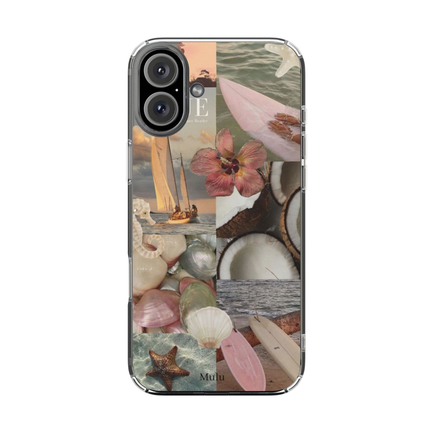 Clear Phone Case — Coastal Collage Shells & Surf Design
