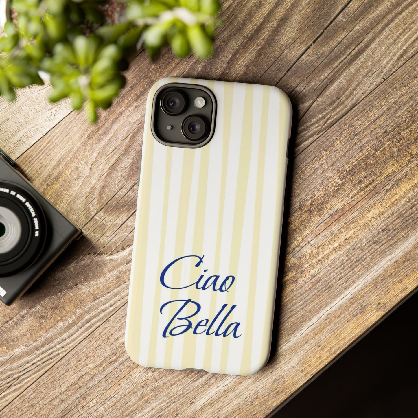 Ciao Bella Phone Case – Striped Elegant Italian Script Protective Cover