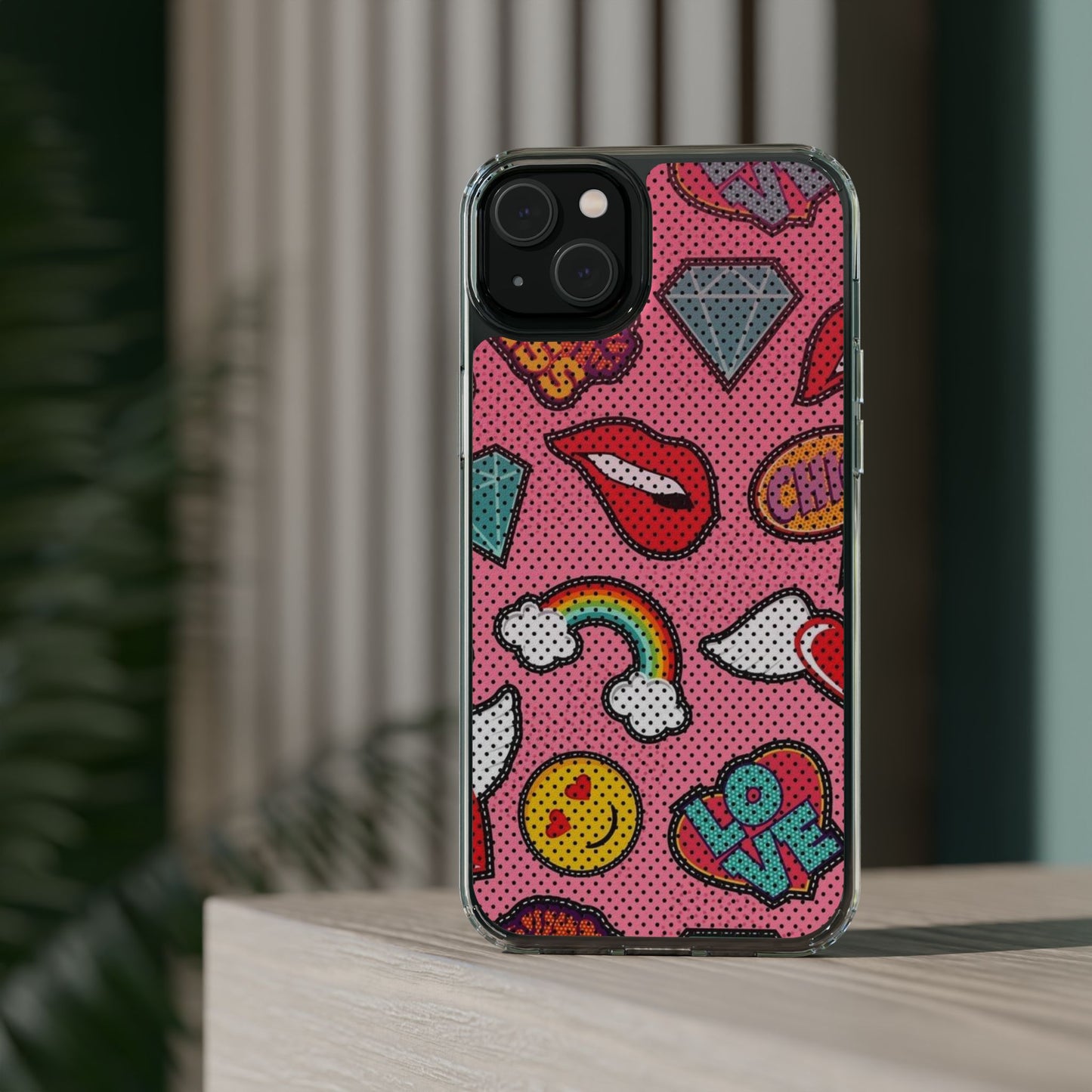 Clear Impact-Resistant Phone Case — Pink Pop Sticker Pattern (Hearts, Rainbows, Smileys)
