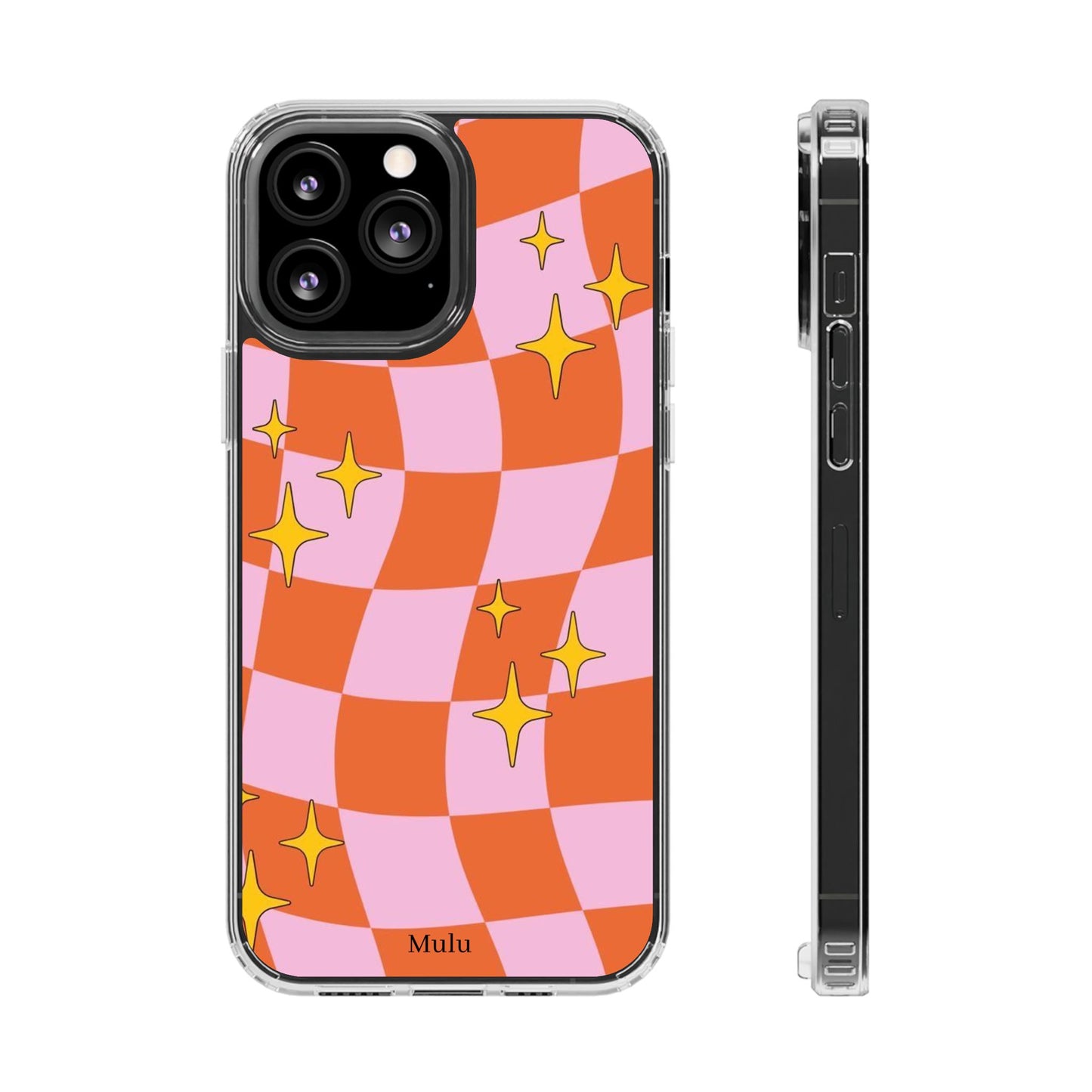 Clear Impact-Resistant Case — Retro Pink & Orange Checker with Sparkle Stars