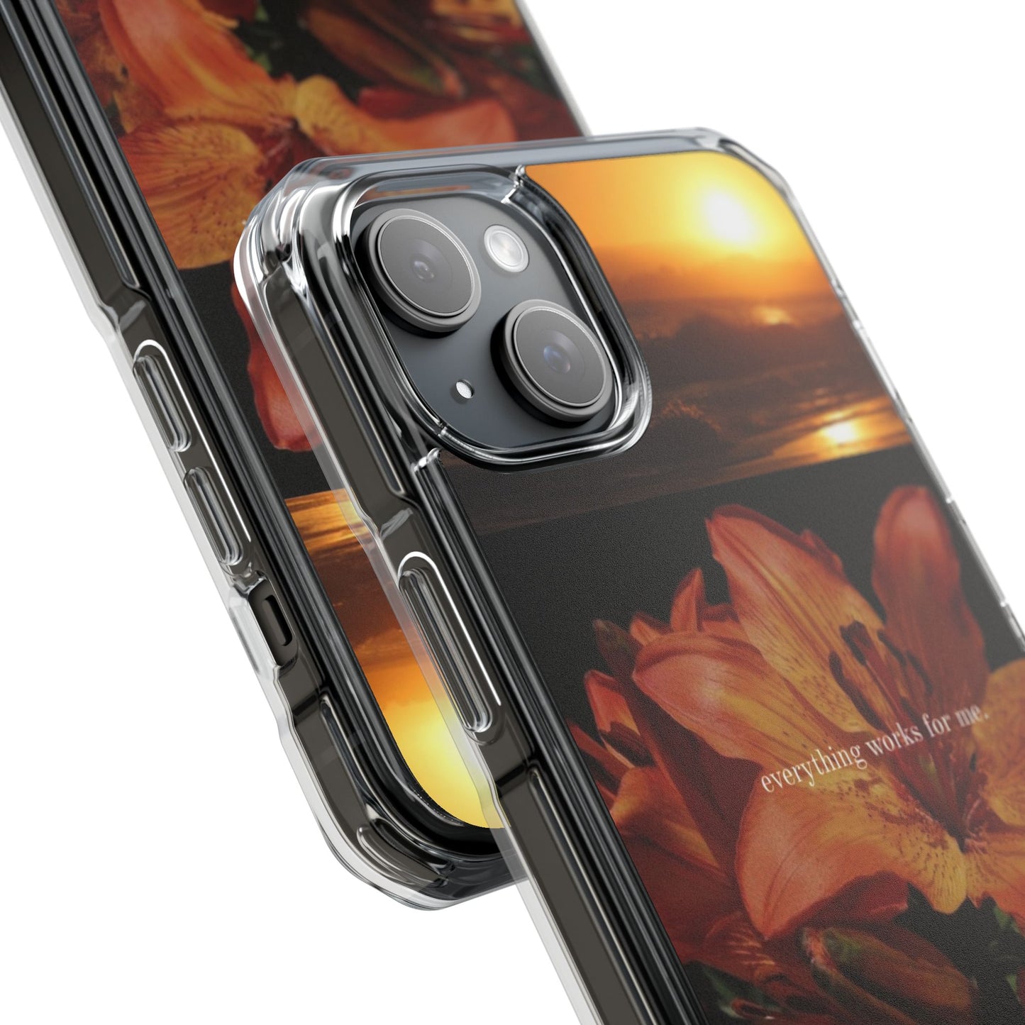 Clear Magnetic Phone Case — Sunset Lily Design ("anything waits for you")