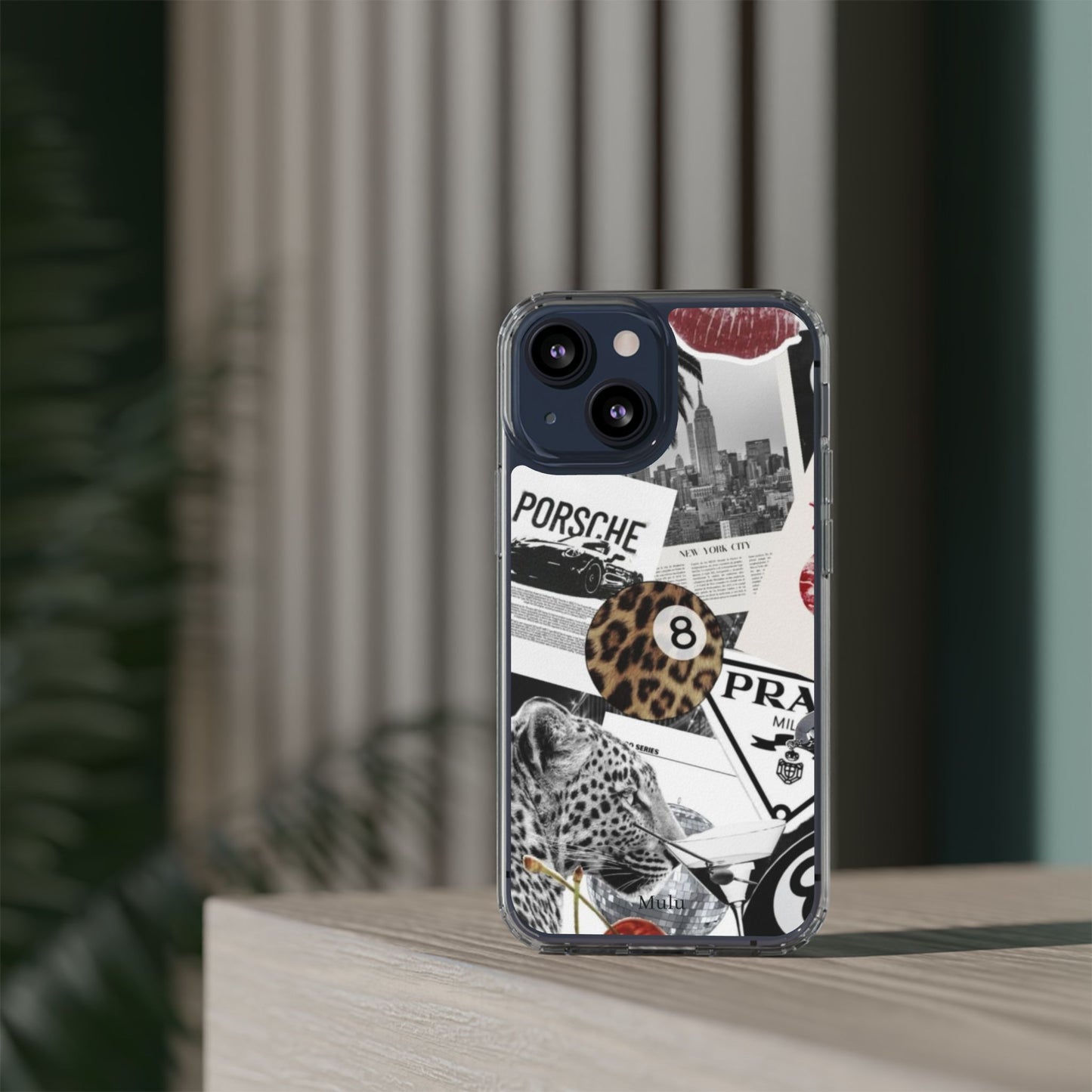 Clear Impact-Resistant Phone Case — Collage Luxury Leopard & Vintage Car Design