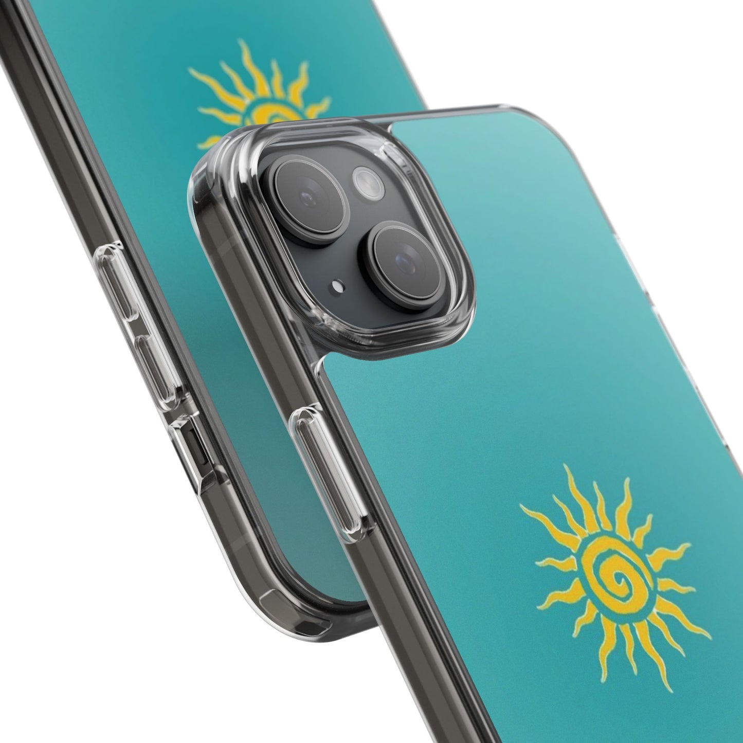 Clear Impact-Resistant Phone Case — Yellow Sun on Teal Gradient