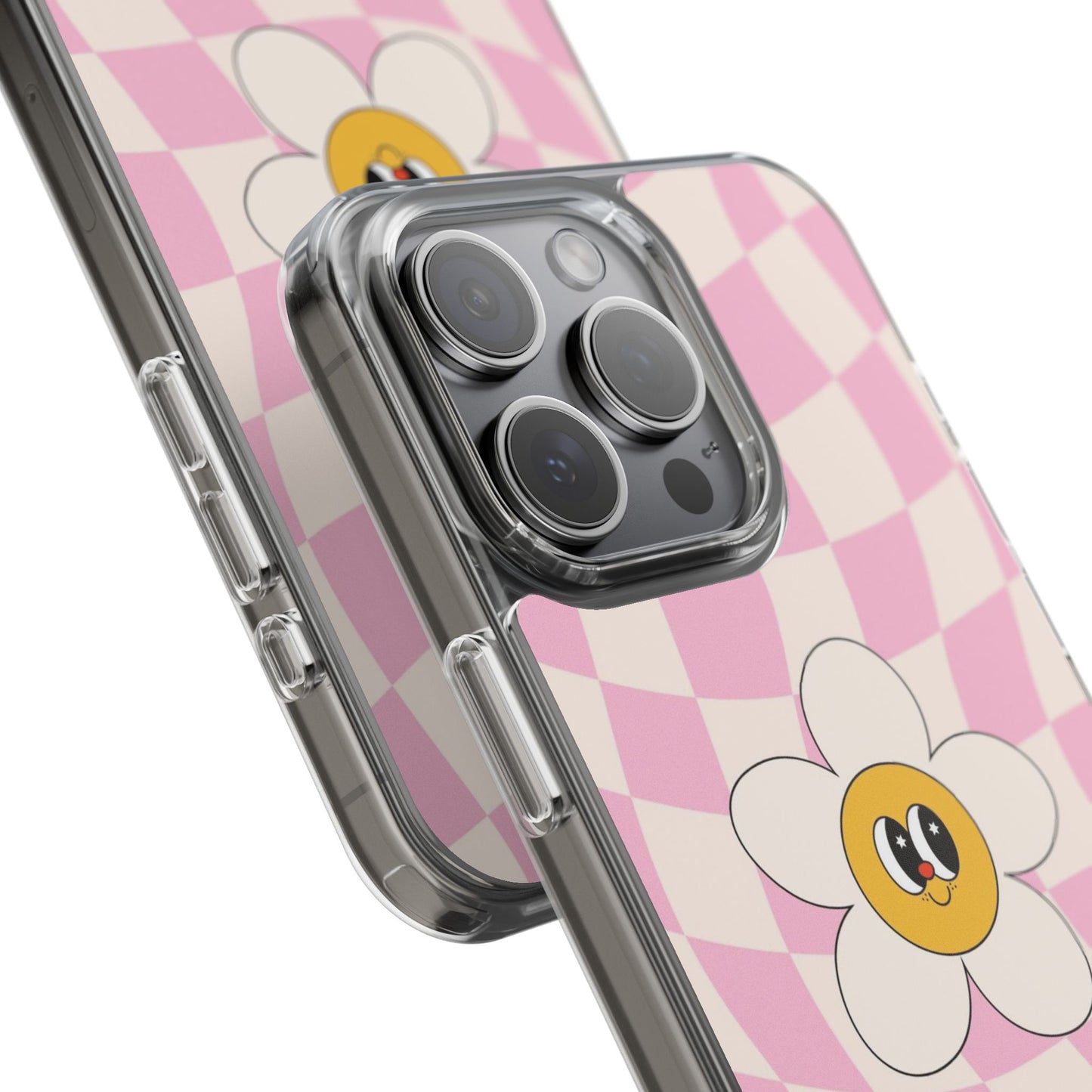 Clear Impact-Resistant Phone Case — Pink Checkerboard Daisy Design
