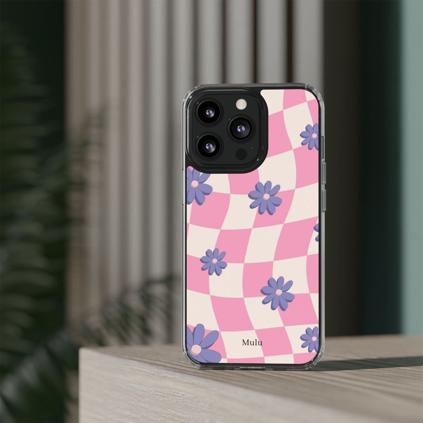 Clear Impact Phone Case — Pink Checkerboard with Purple Flowers