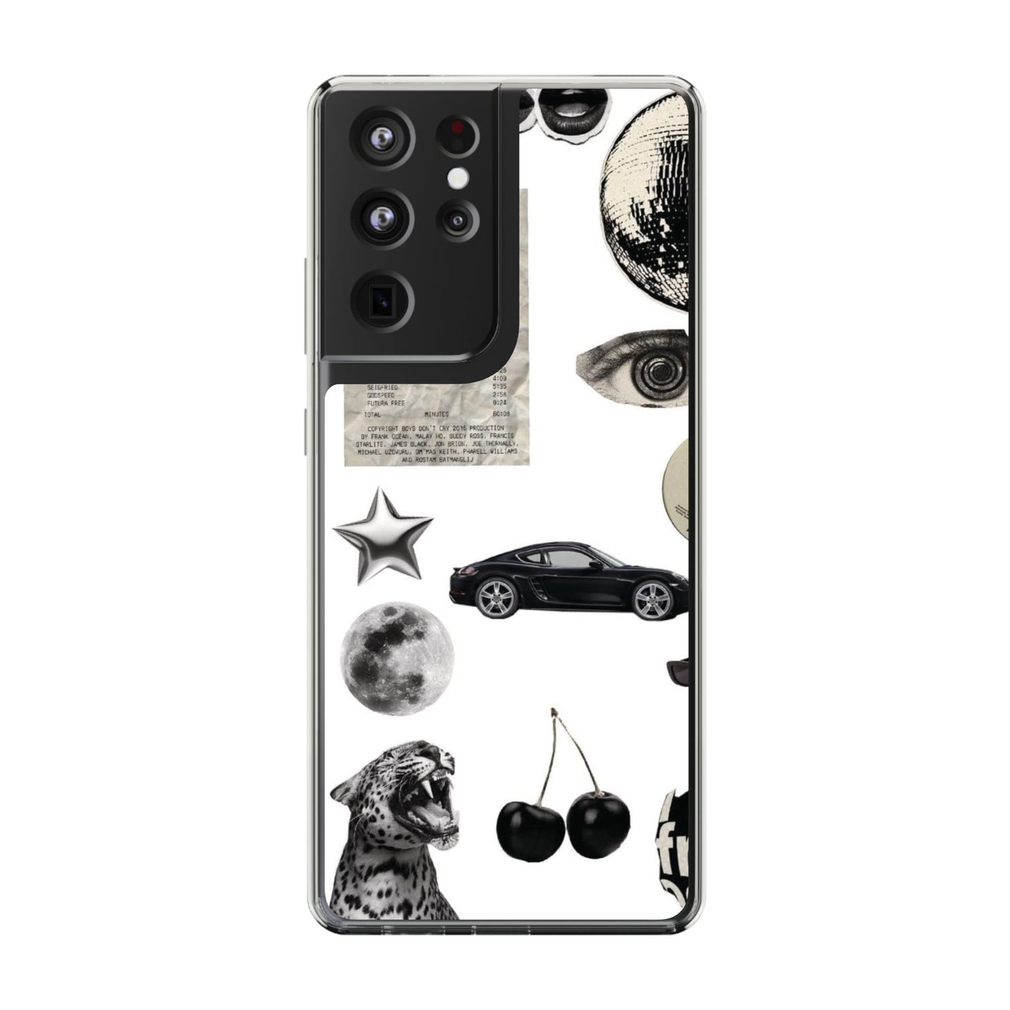 Clear Phone Case — Vintage Collage Stickers (Moon, Eye, Car, Cherries)
