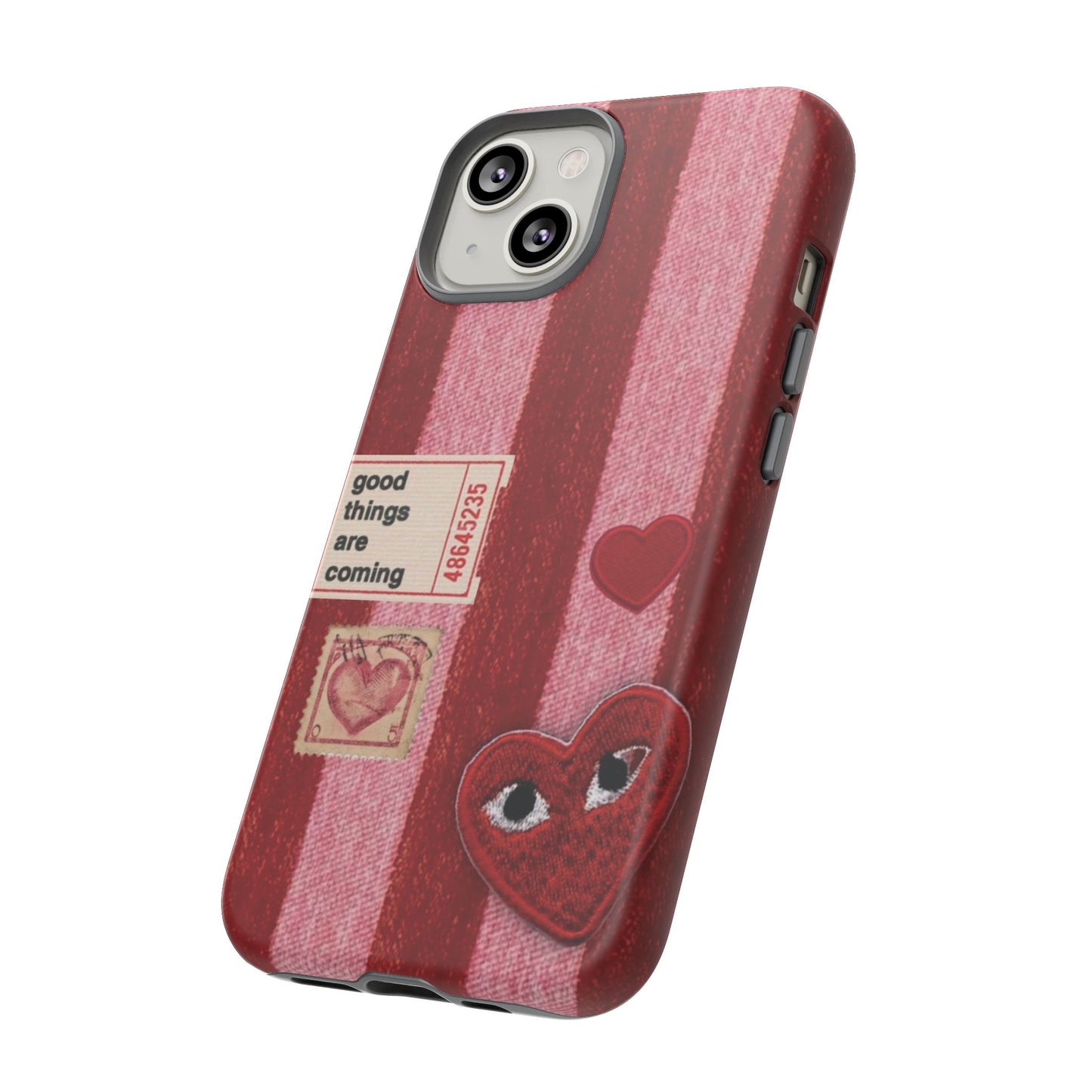 Phone Case — Red Striped Heart Design with “Good Things Are Coming”