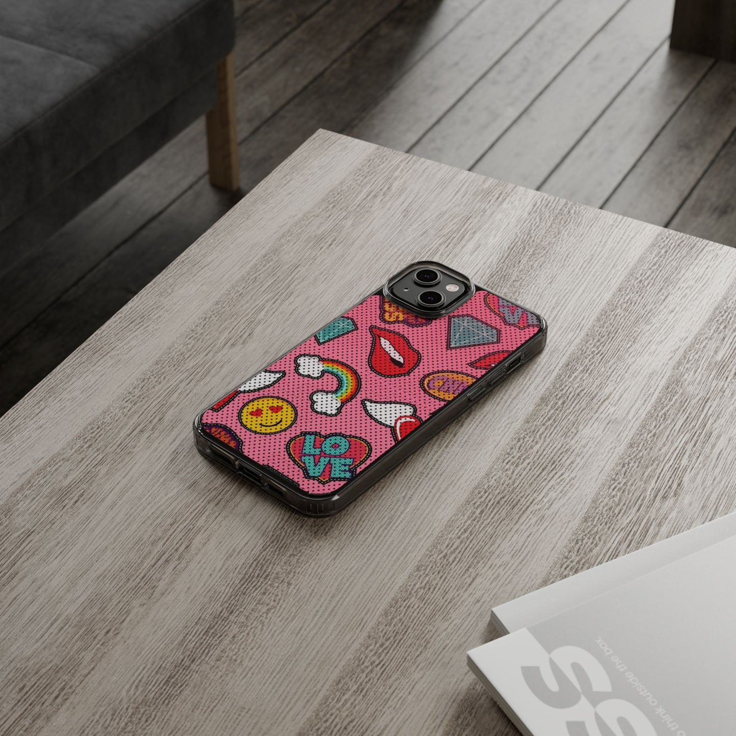 Clear Impact-Resistant Phone Case — Pink Pop Sticker Pattern (Hearts, Rainbows, Smileys)