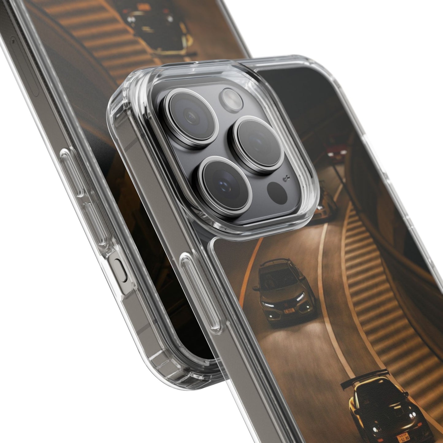 Racing Night Clear Phone Case – Sports Cars on Curved Highway