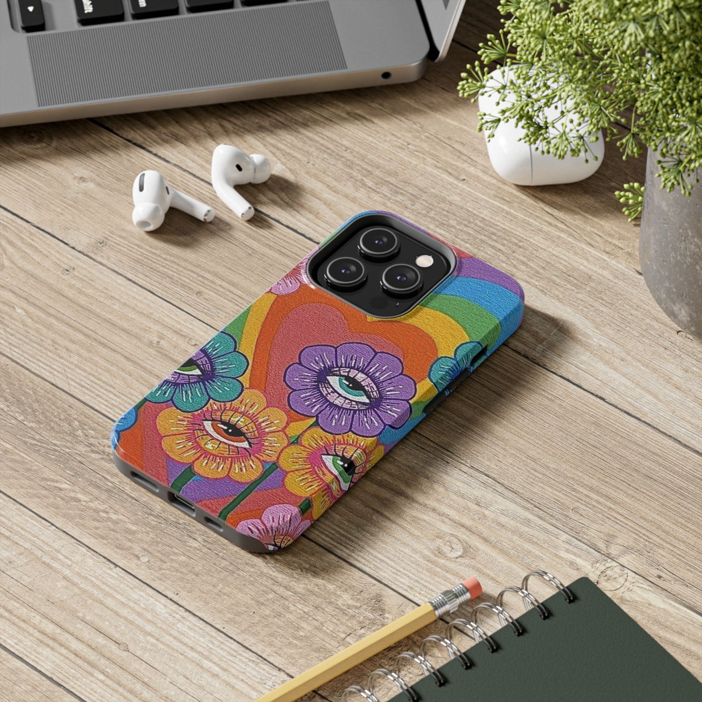 Psychedelic Eye Flower Tough Phone Case — Retro Rainbow Protective iPhone Cover