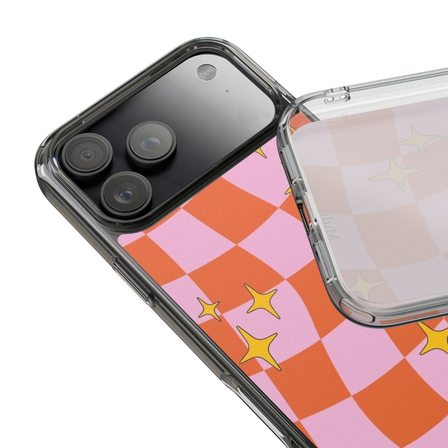 Clear Impact-Resistant Case — Retro Pink & Orange Checker with Sparkle Stars