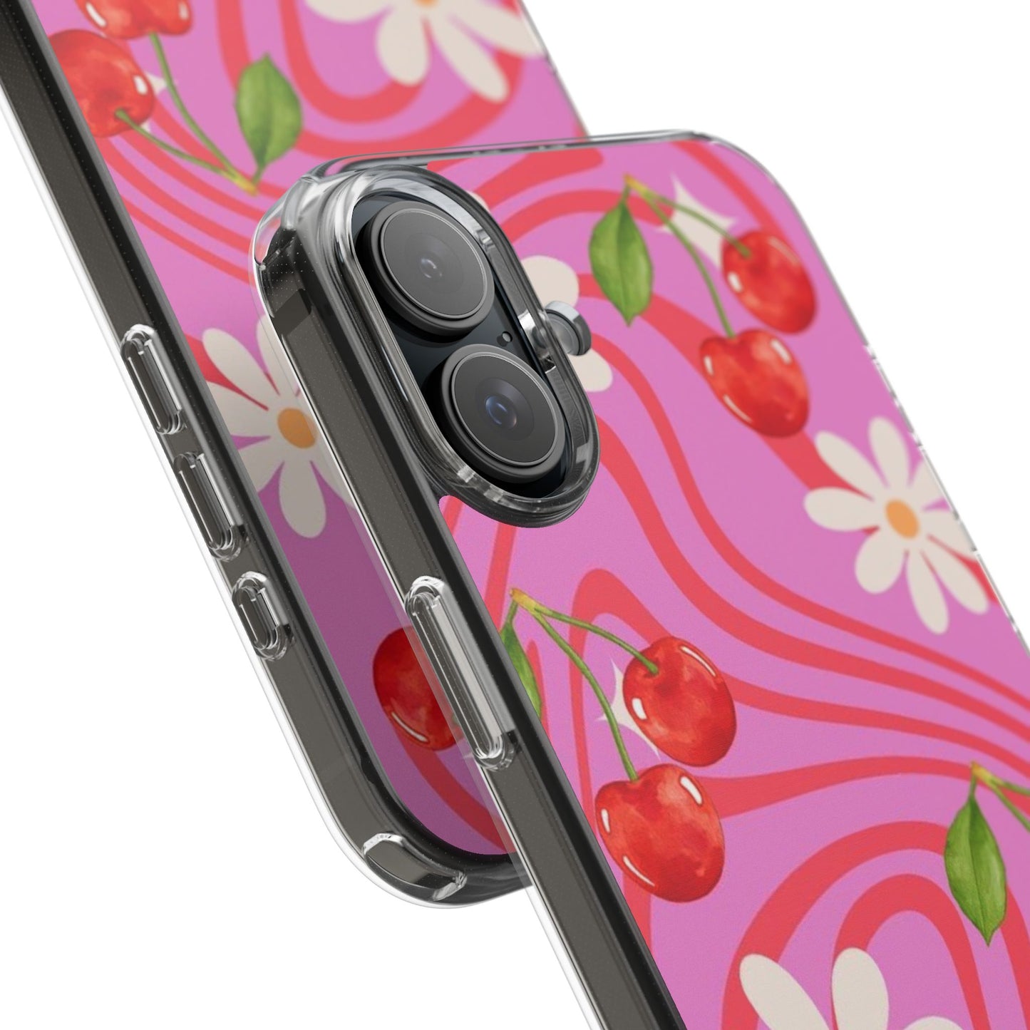 Clear Impact Phone Case — Retro Cherry & Daisy Floral Design